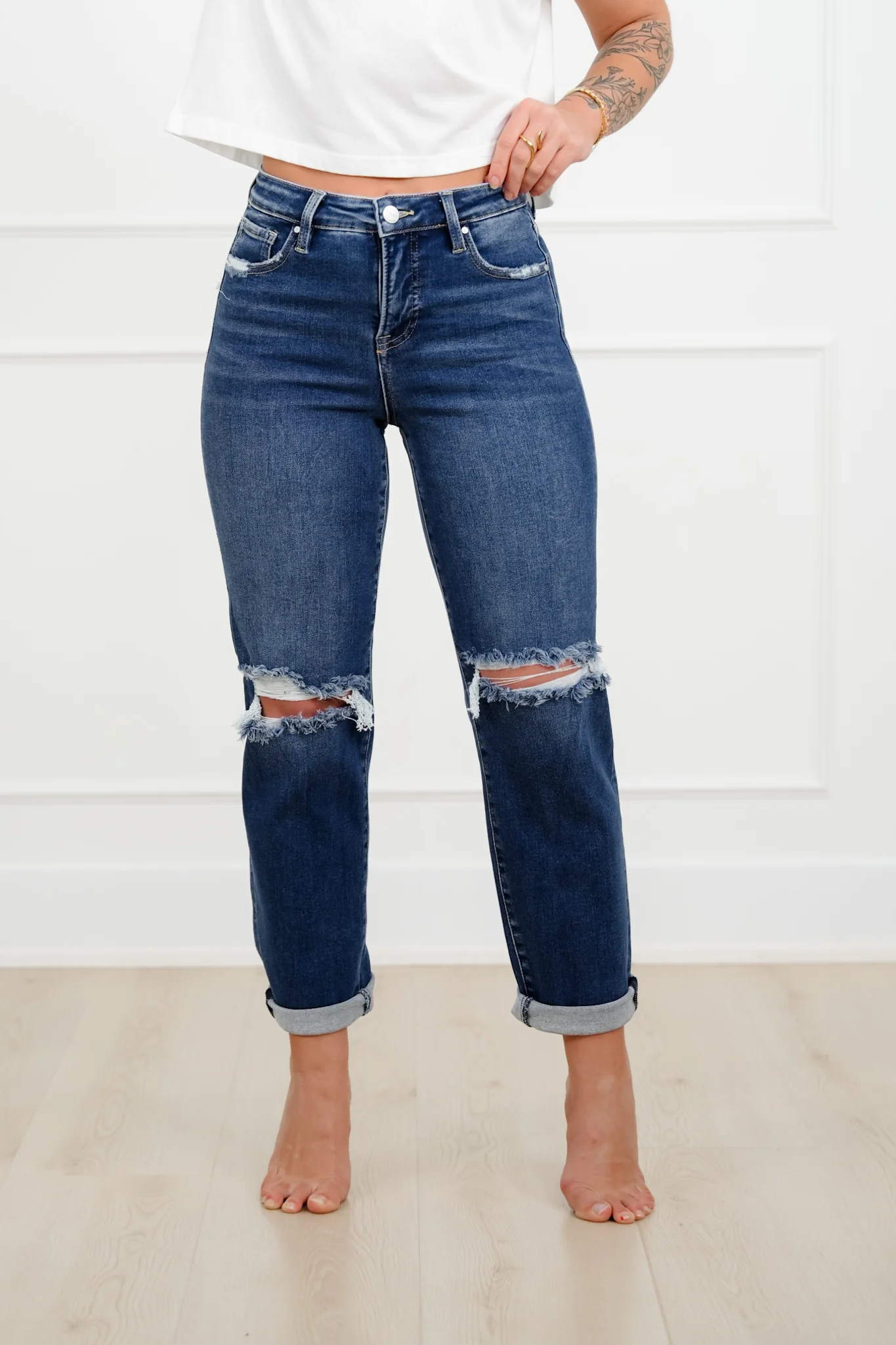 Risen High Rise Dark Wash Tummy Control Distressed Girlfriend Jeans - Image 11
