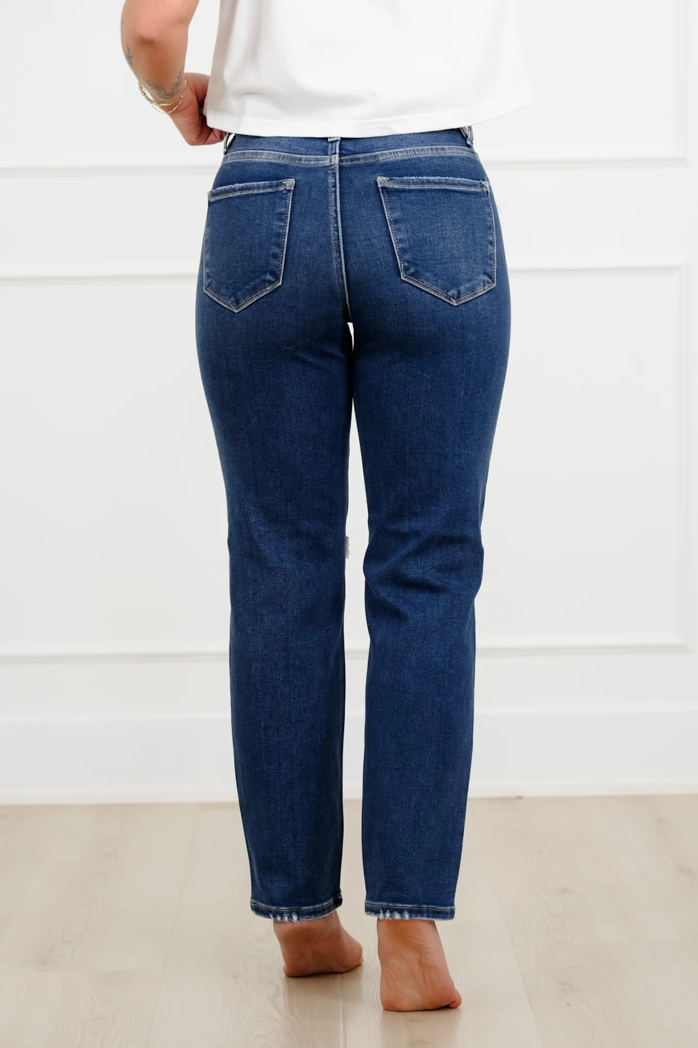 Risen High Rise Dark Wash Tummy Control Distressed Girlfriend Jeans - Image 3