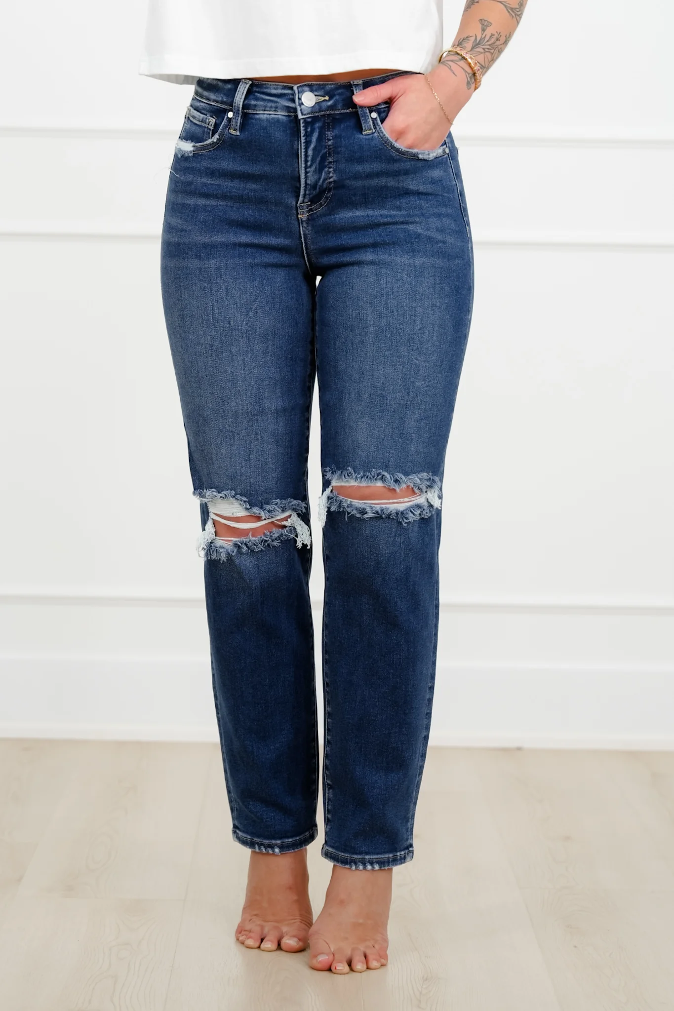 Risen High Rise Dark Wash Tummy Control Distressed Girlfriend Jeans - Image 4