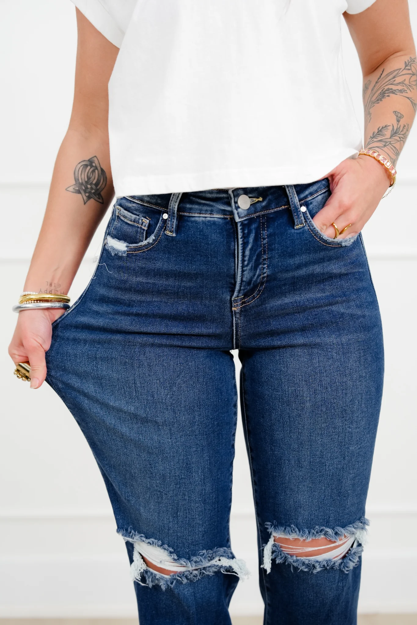 Risen High Rise Dark Wash Tummy Control Distressed Girlfriend Jeans - Image 6