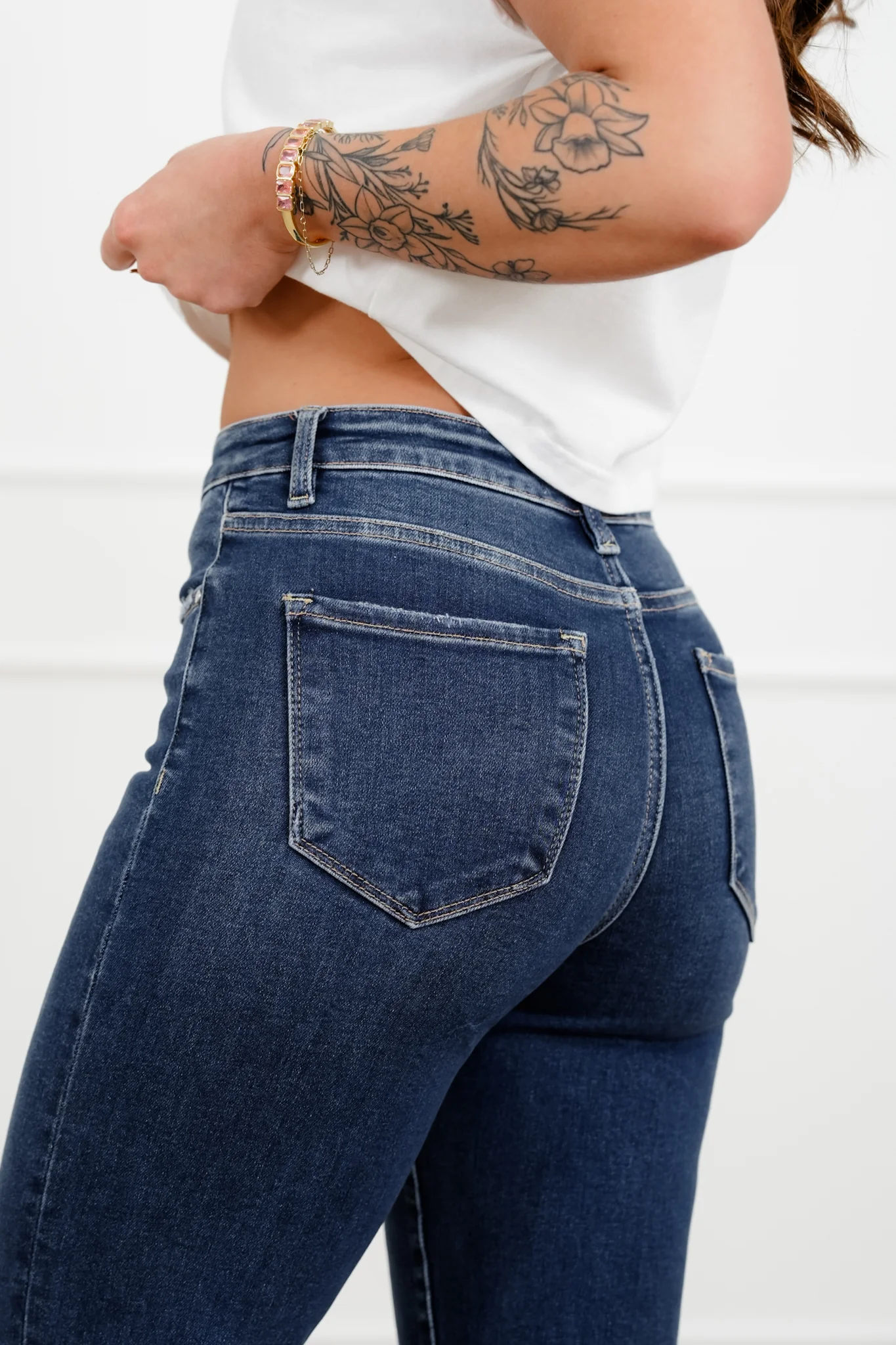 Risen High Rise Dark Wash Tummy Control Distressed Girlfriend Jeans - Image 7