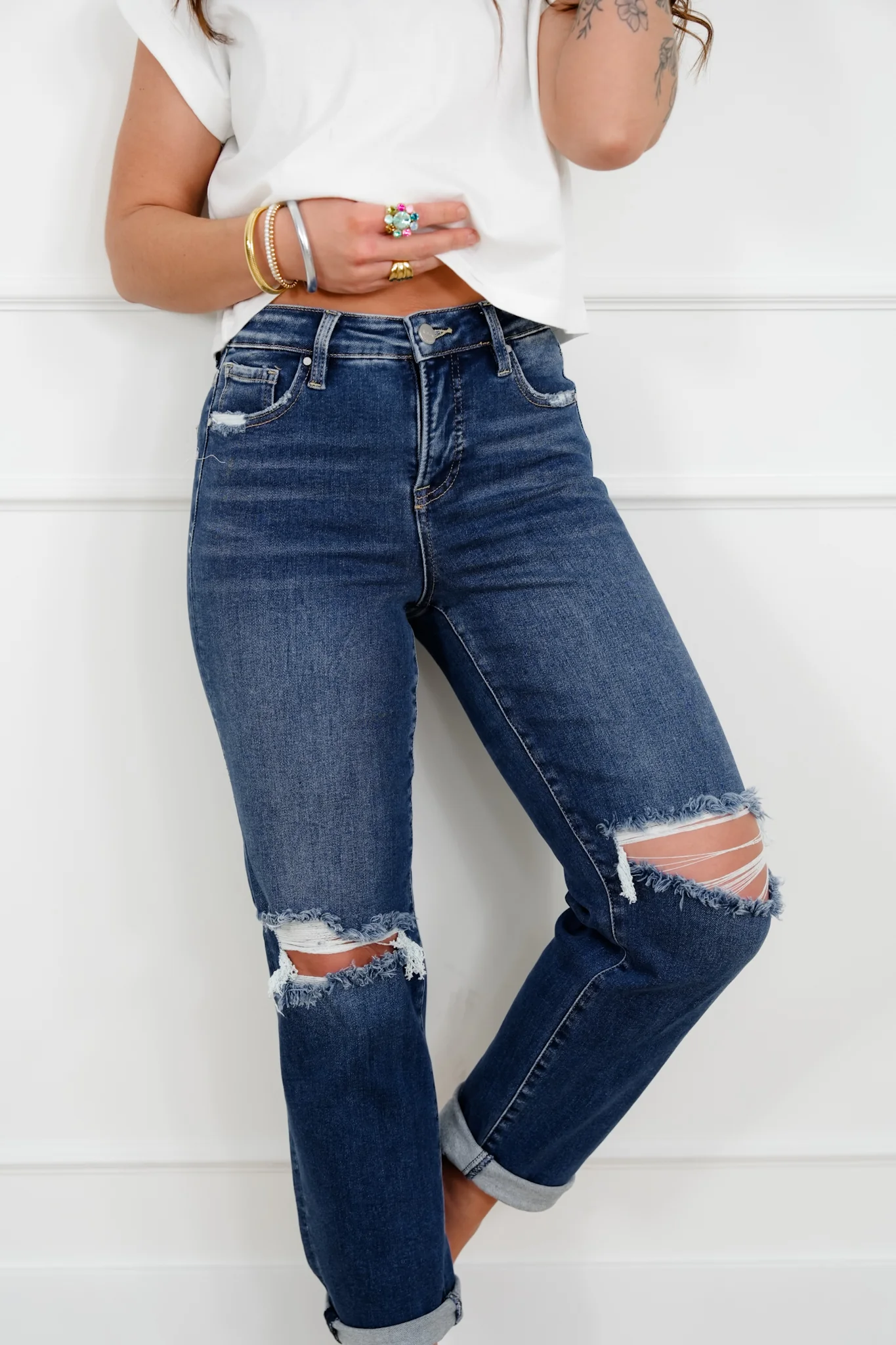 Risen High Rise Dark Wash Tummy Control Distressed Girlfriend Jeans - Image 9