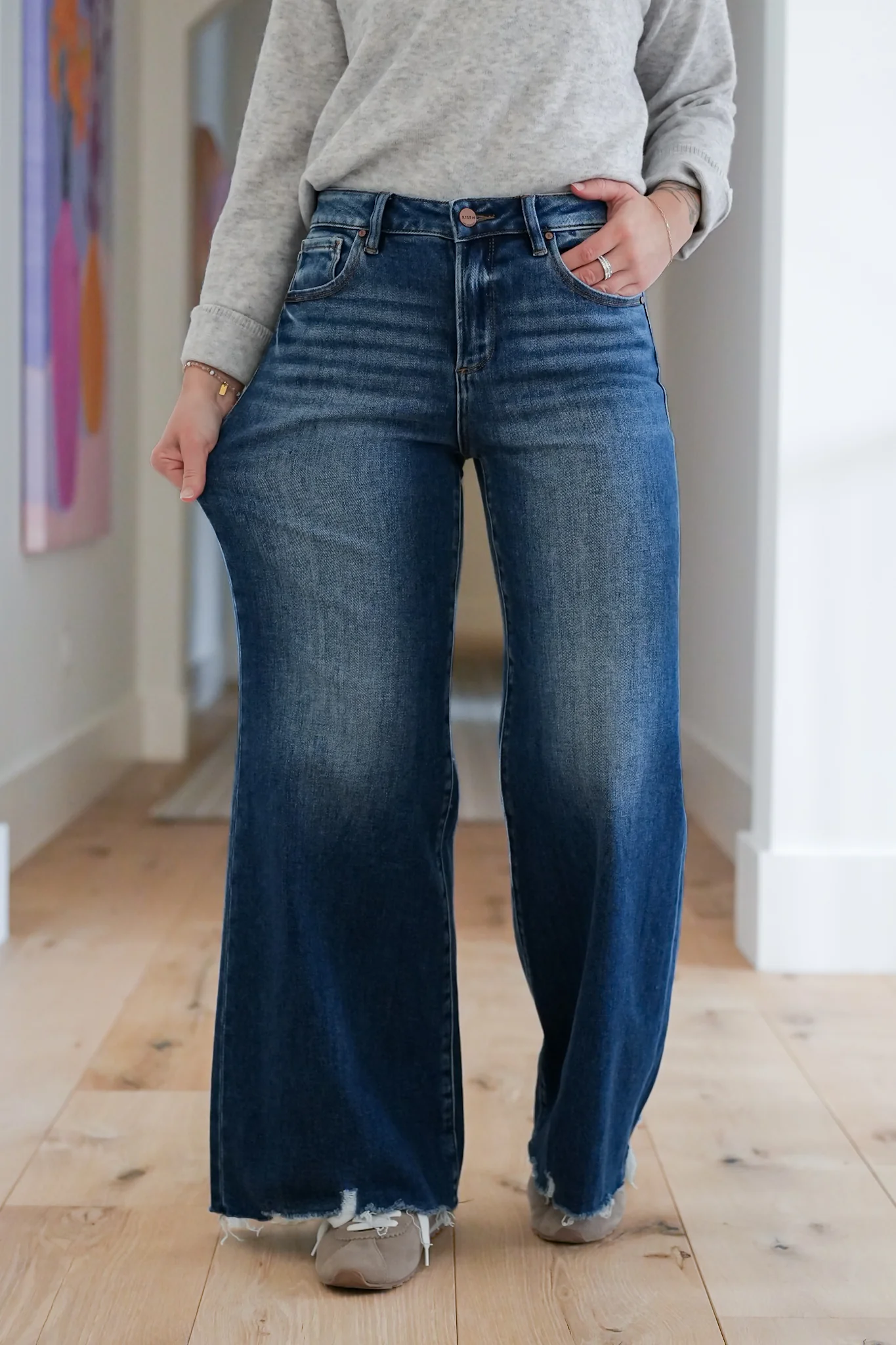 Risen High Rise Dark Wash Wide Leg Jeans - Image 5