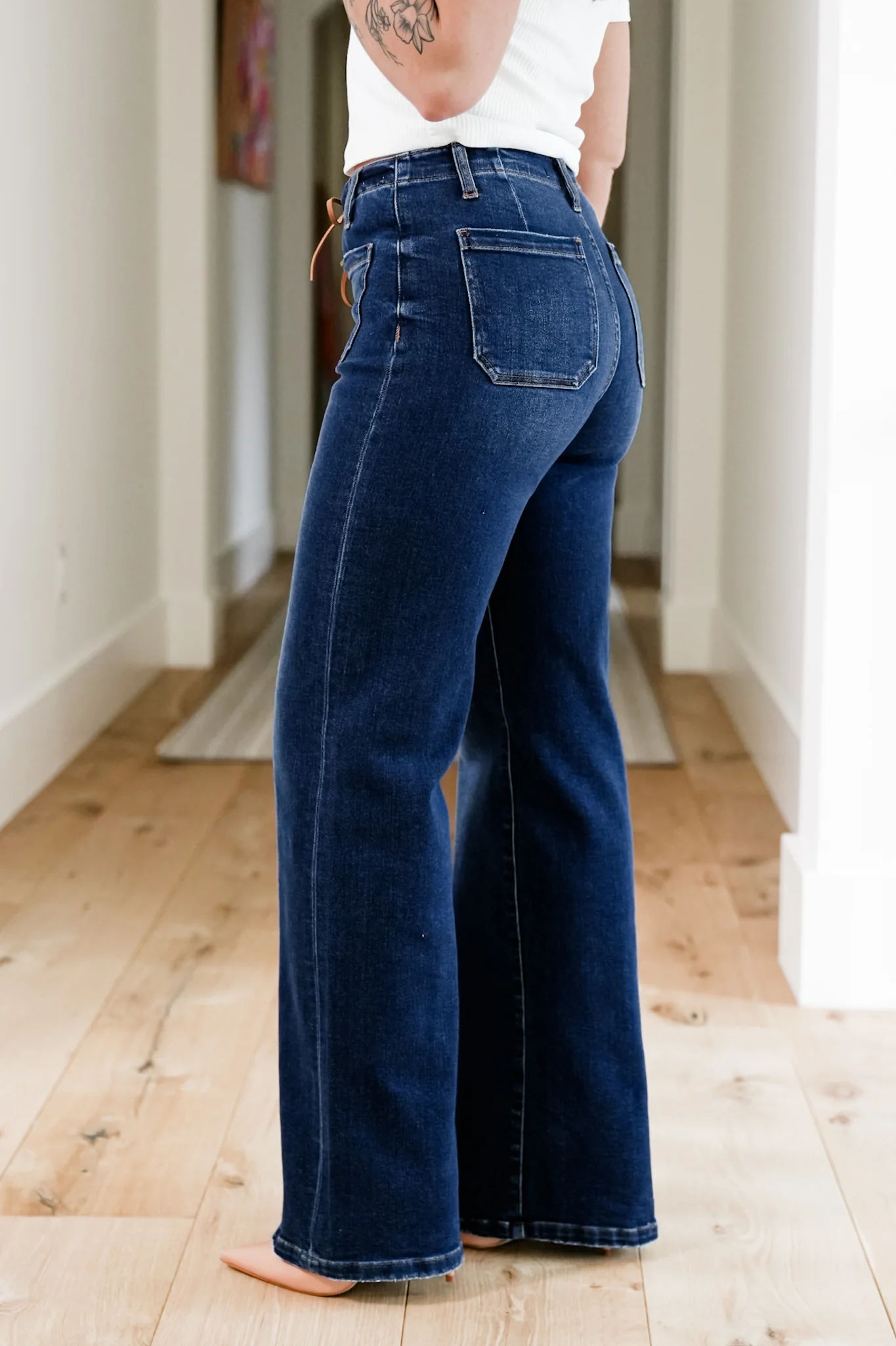 Risen High Rise Dark Wash Wide Leg Jeans with Front Tie - Image 2