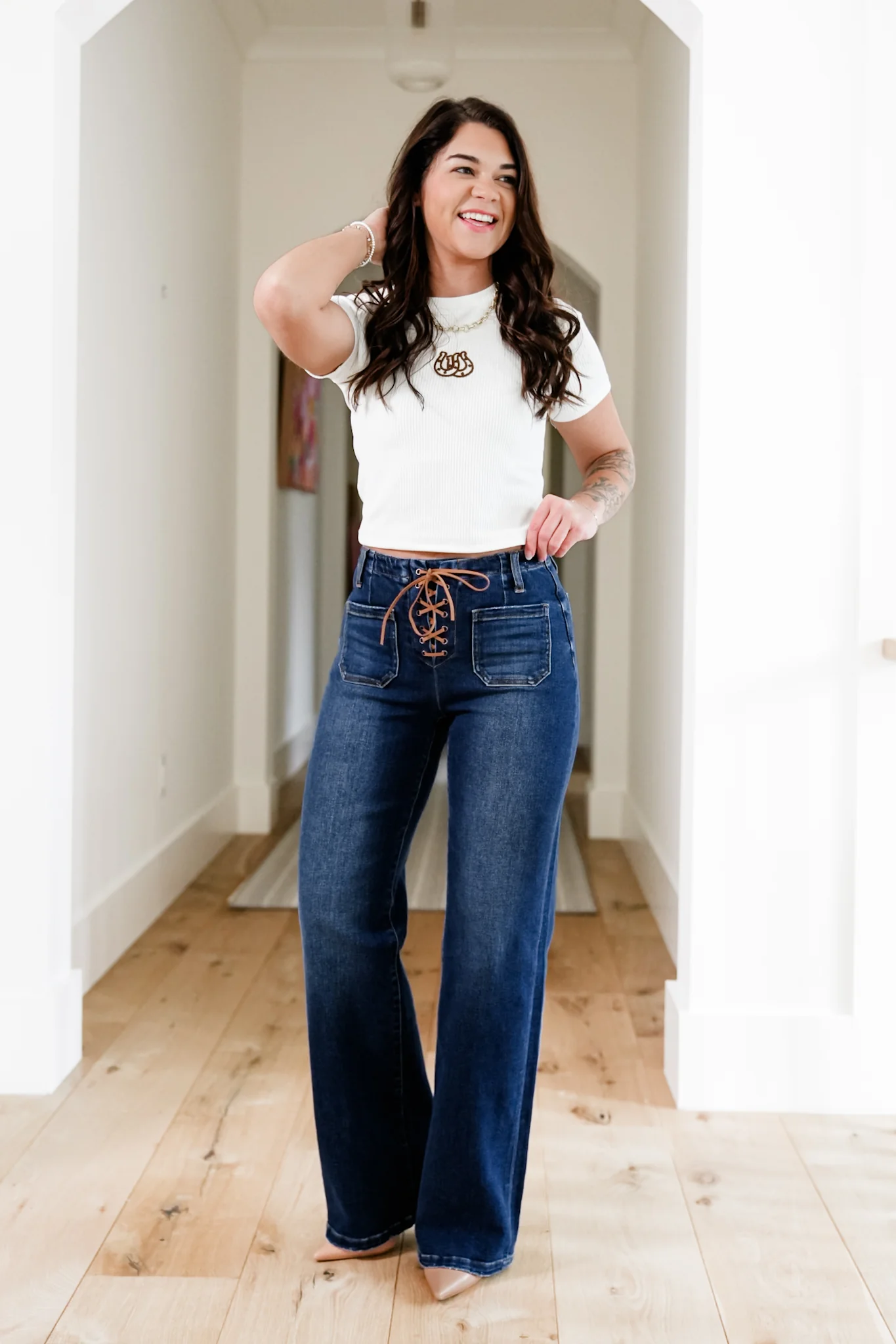 Risen High Rise Dark Wash Wide Leg Jeans with Front Tie - Image 3