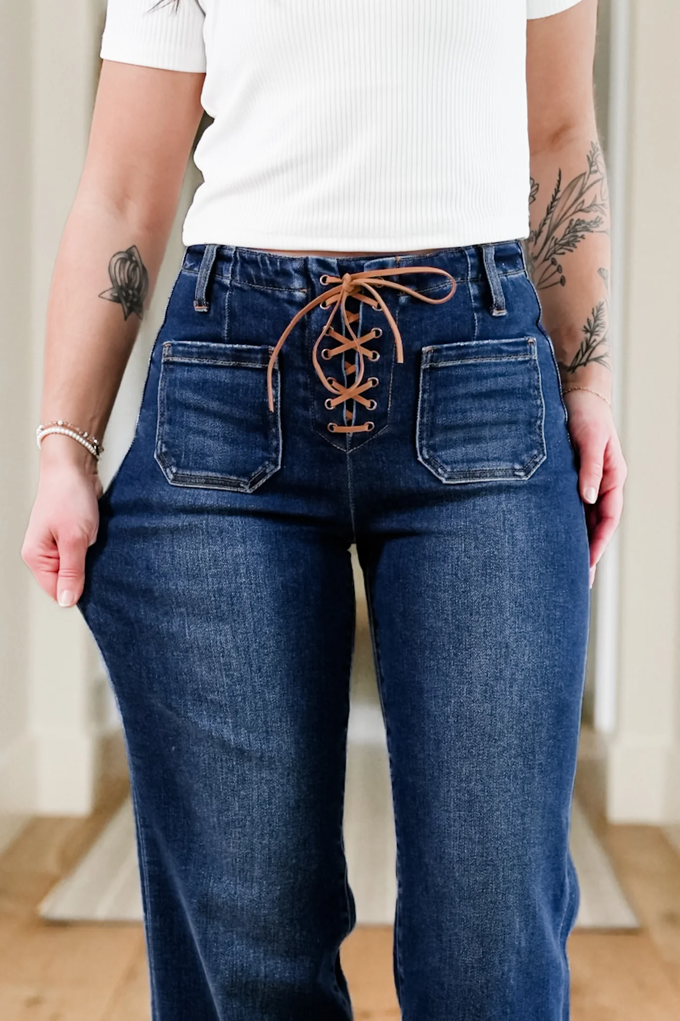 Risen High Rise Dark Wash Wide Leg Jeans with Front Tie - Image 4