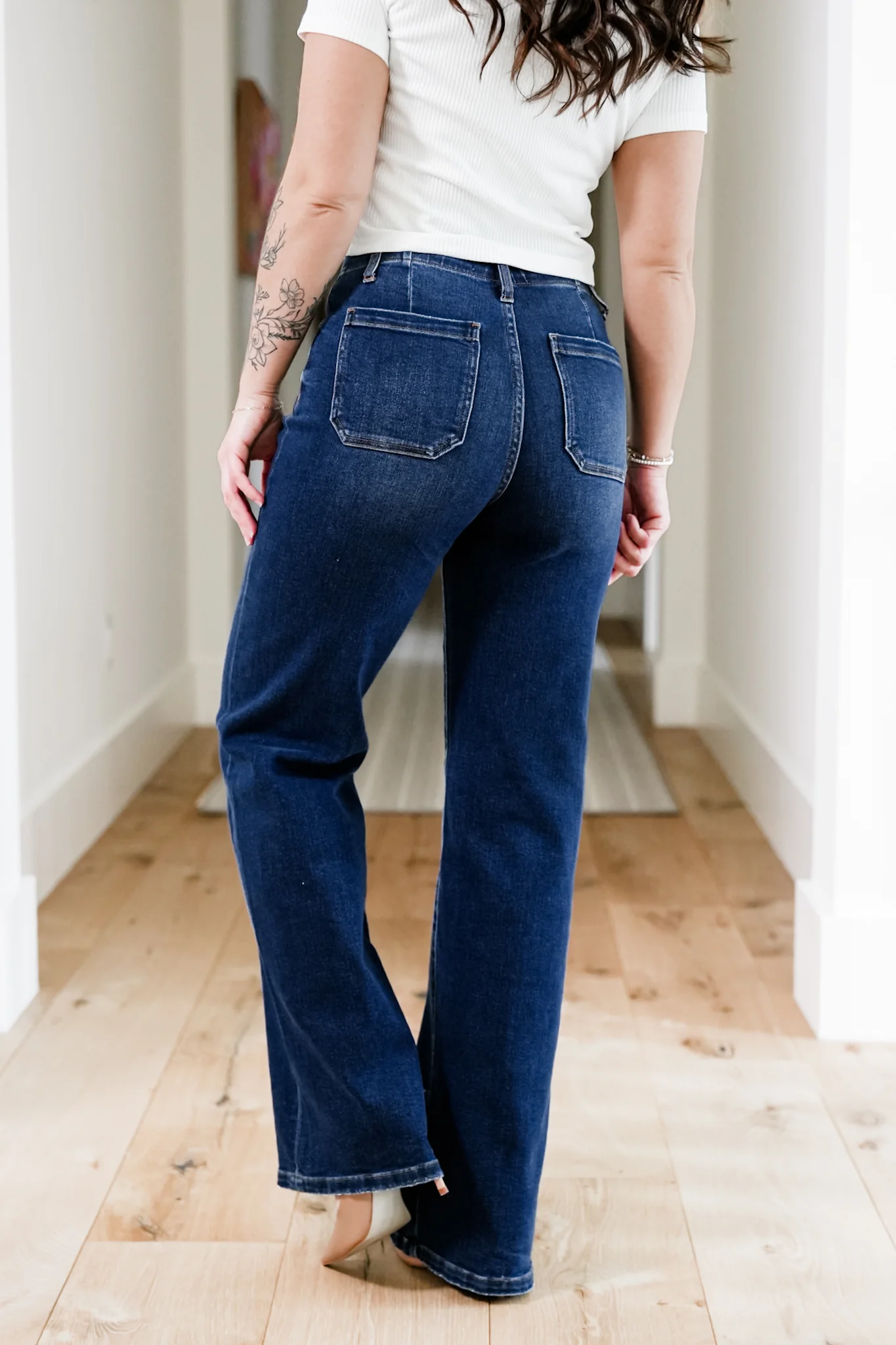 Risen High Rise Dark Wash Wide Leg Jeans with Front Tie - Image 5