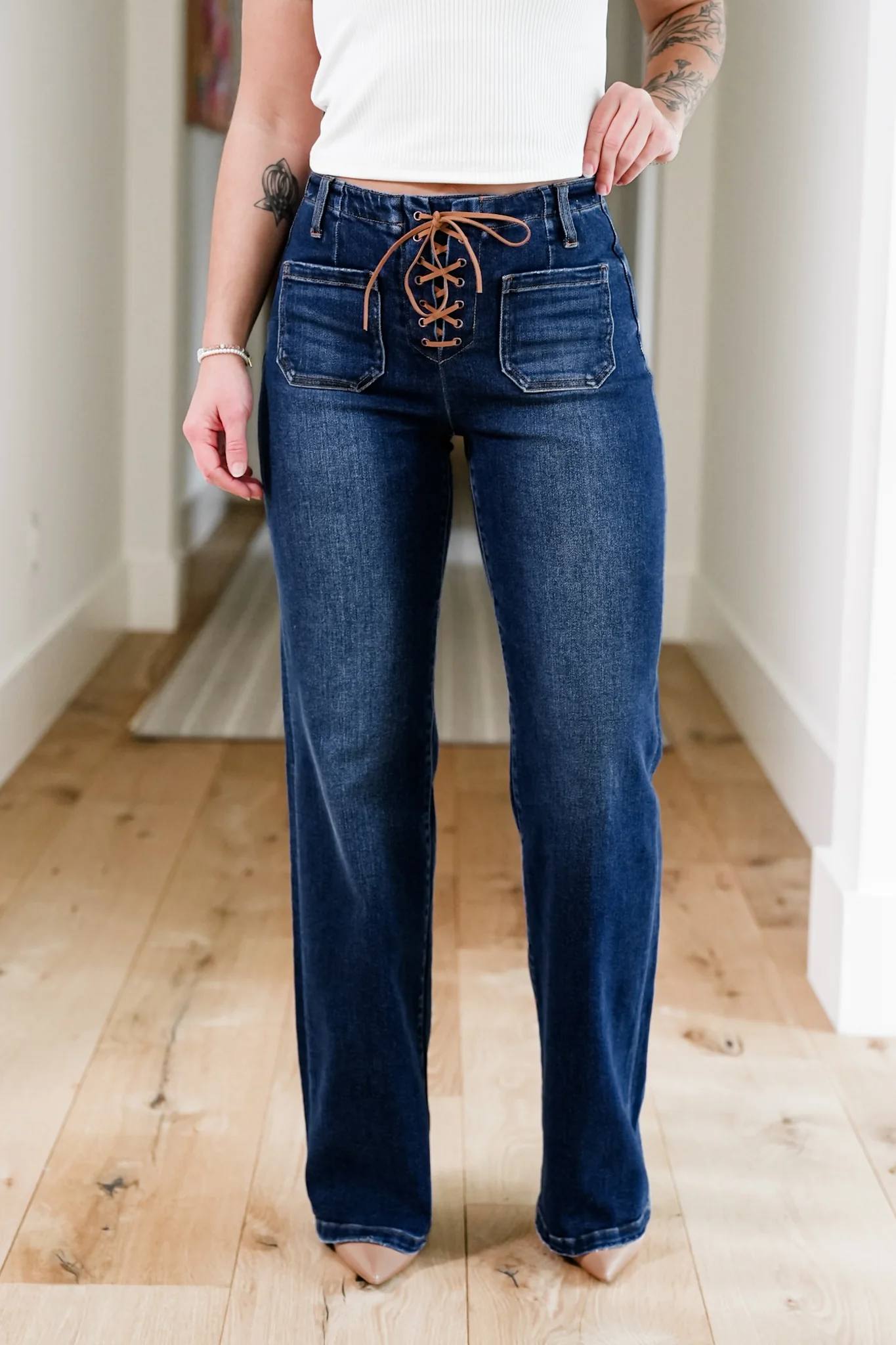Risen High Rise Dark Wash Wide Leg Jeans with Front Tie - Image 6