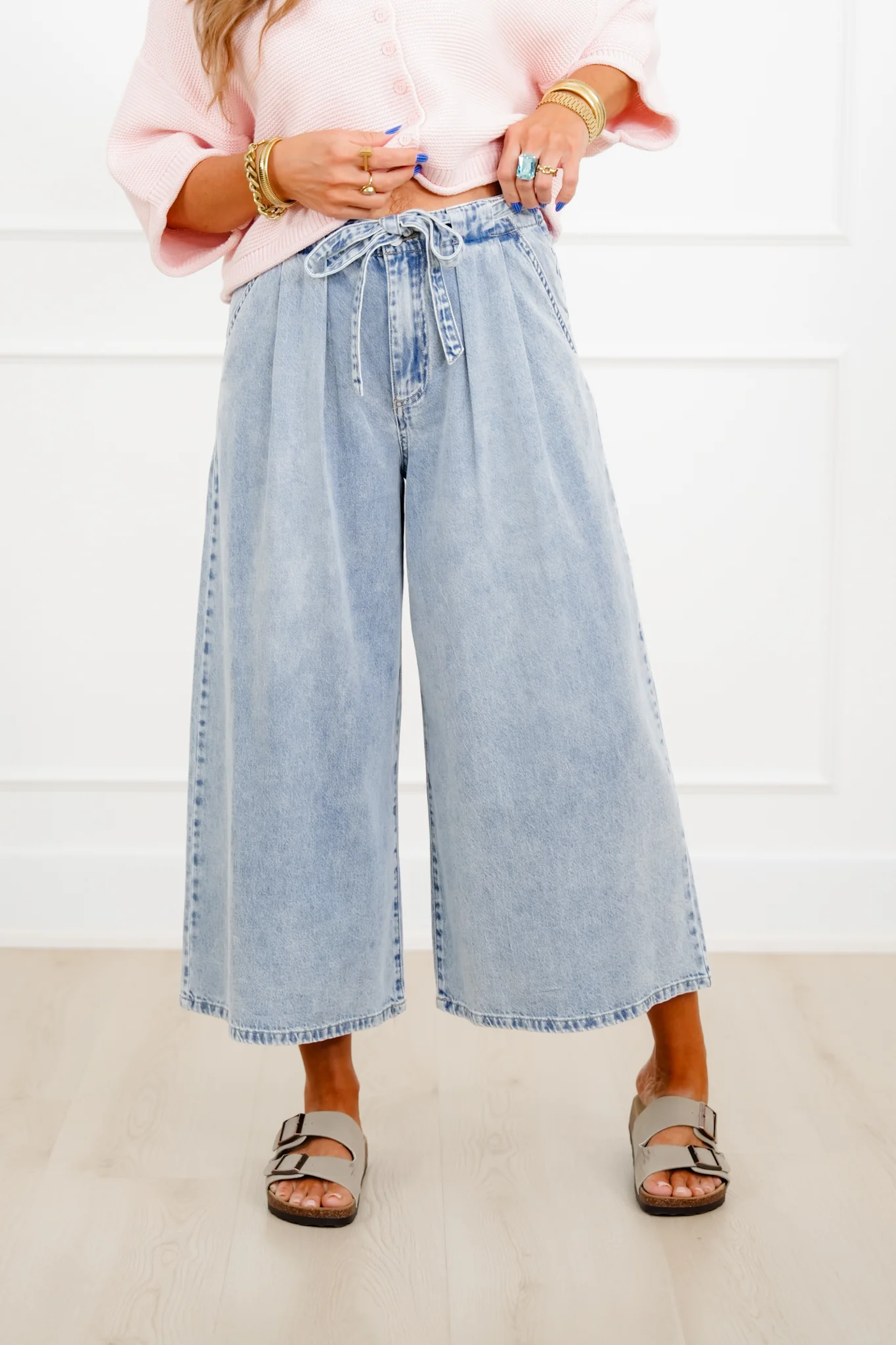 Risen High Rise Light Wash Cropped Wide Leg Tie Belted Jeans - Image 3