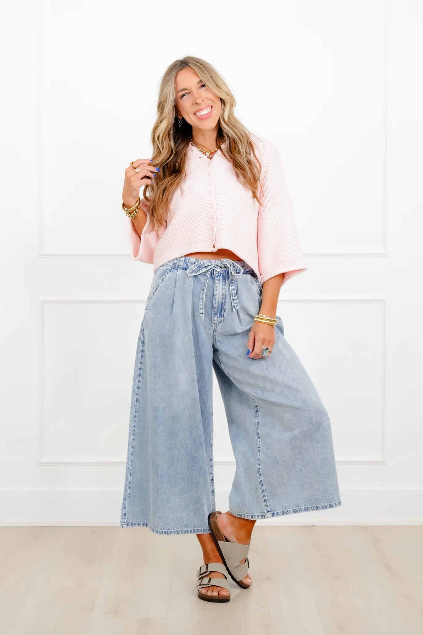 Risen High Rise Light Wash Cropped Wide Leg Tie Belted Jeans - Image 4