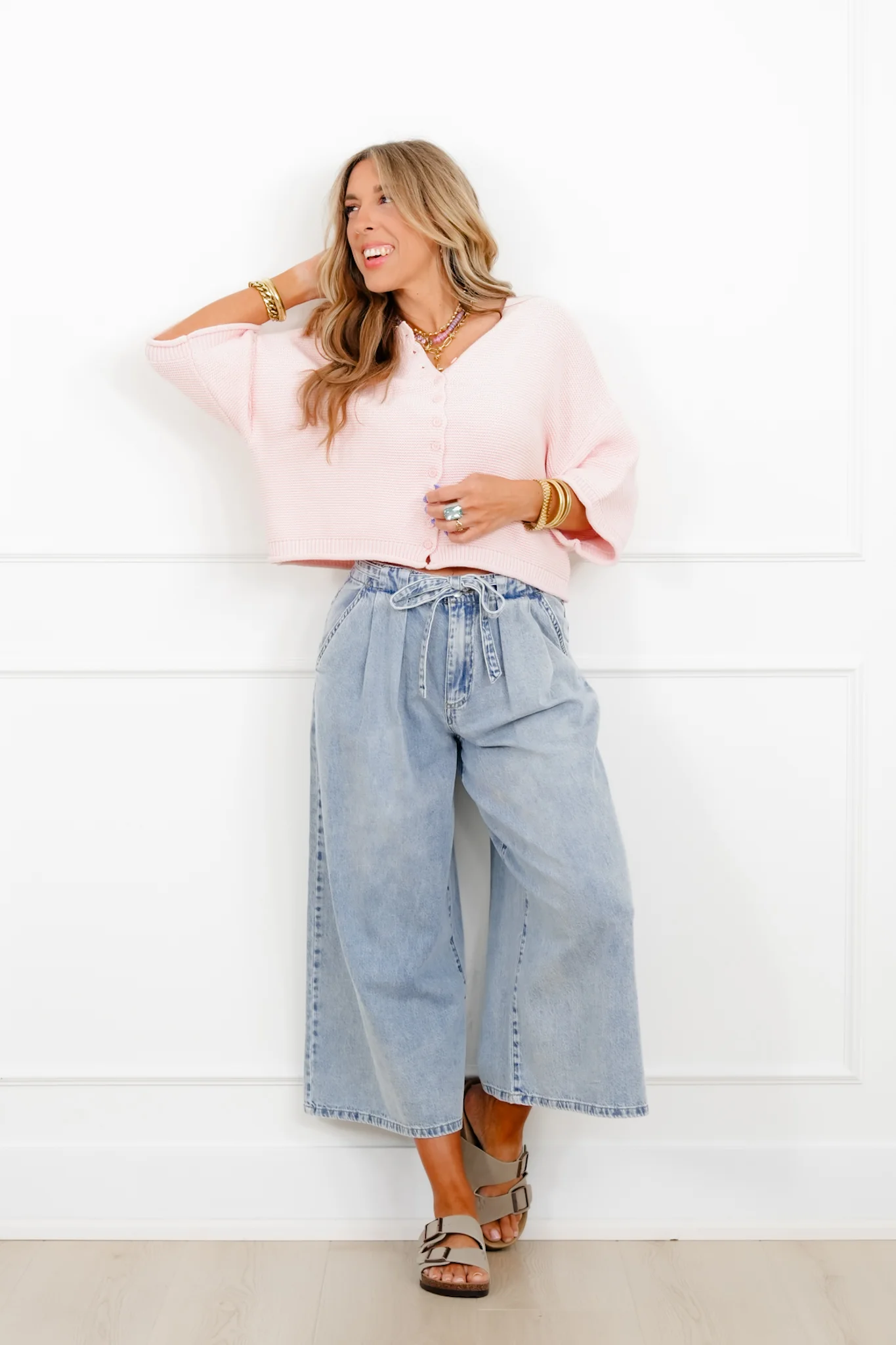Risen High Rise Light Wash Cropped Wide Leg Tie Belted Jeans - Image 6