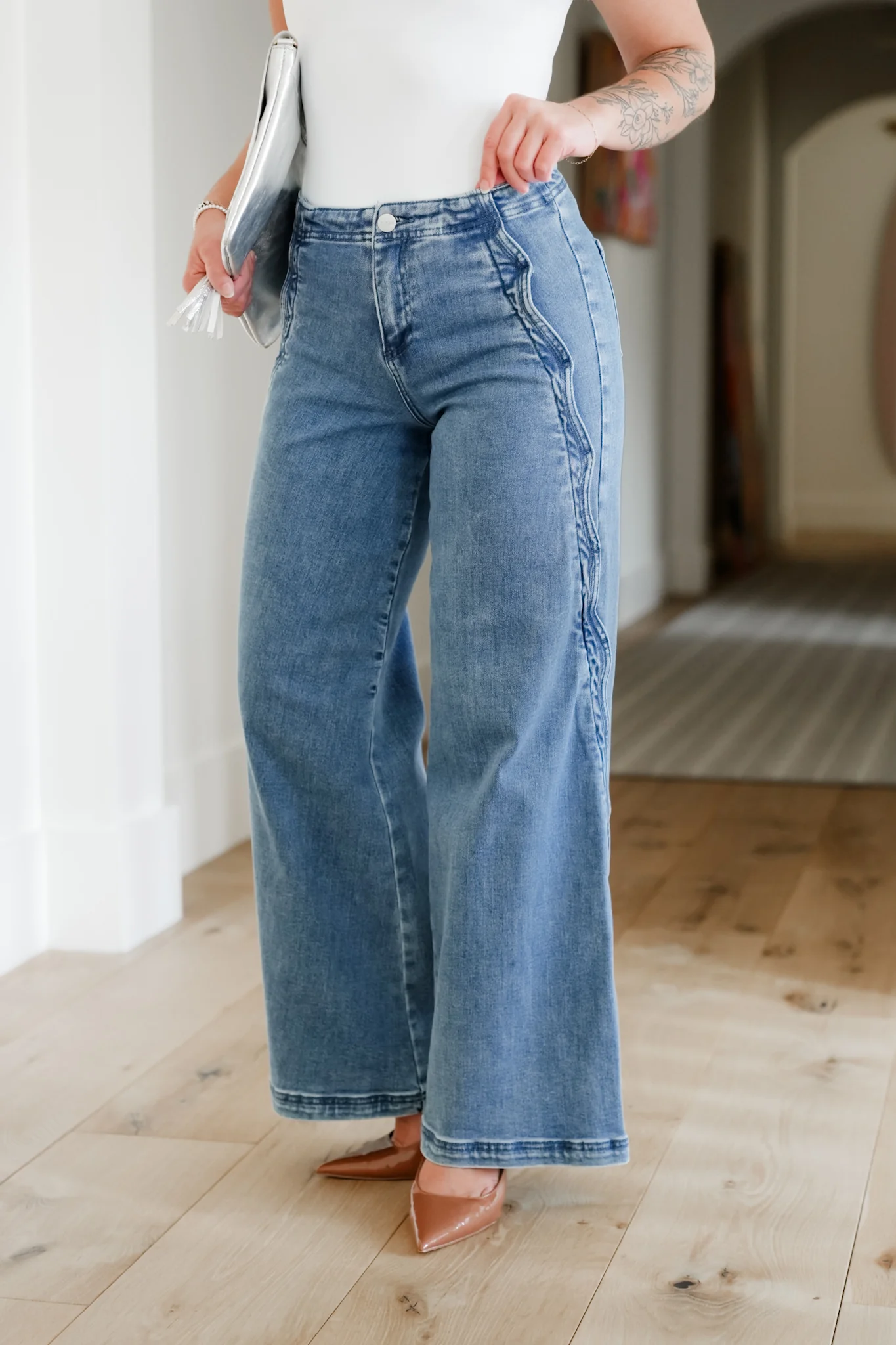 Risen High Rise Medium Wash Wide Leg Jeans with Scalloped Edge - Image 2