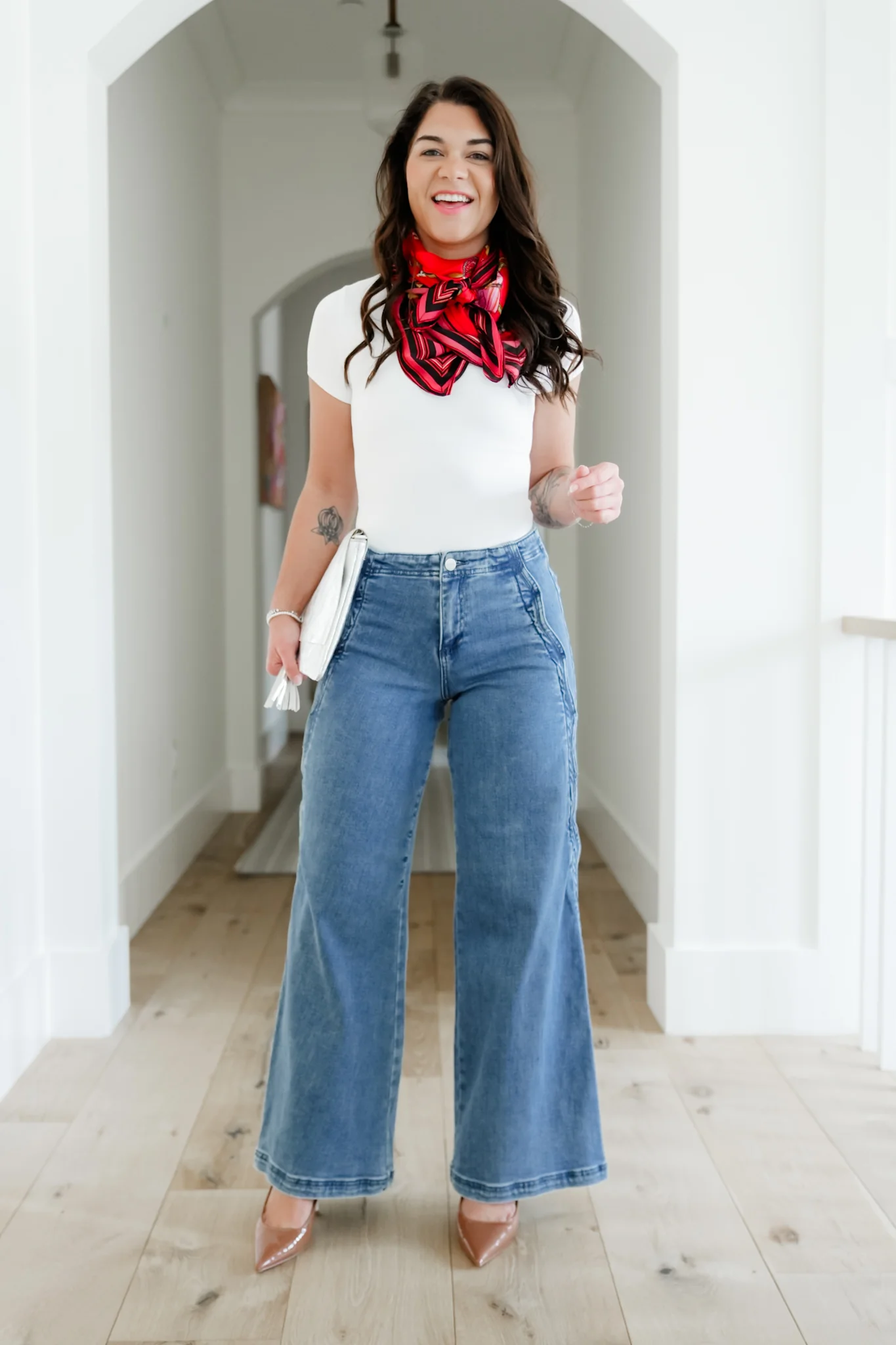 Risen High Rise Medium Wash Wide Leg Jeans with Scalloped Edge - Image 3