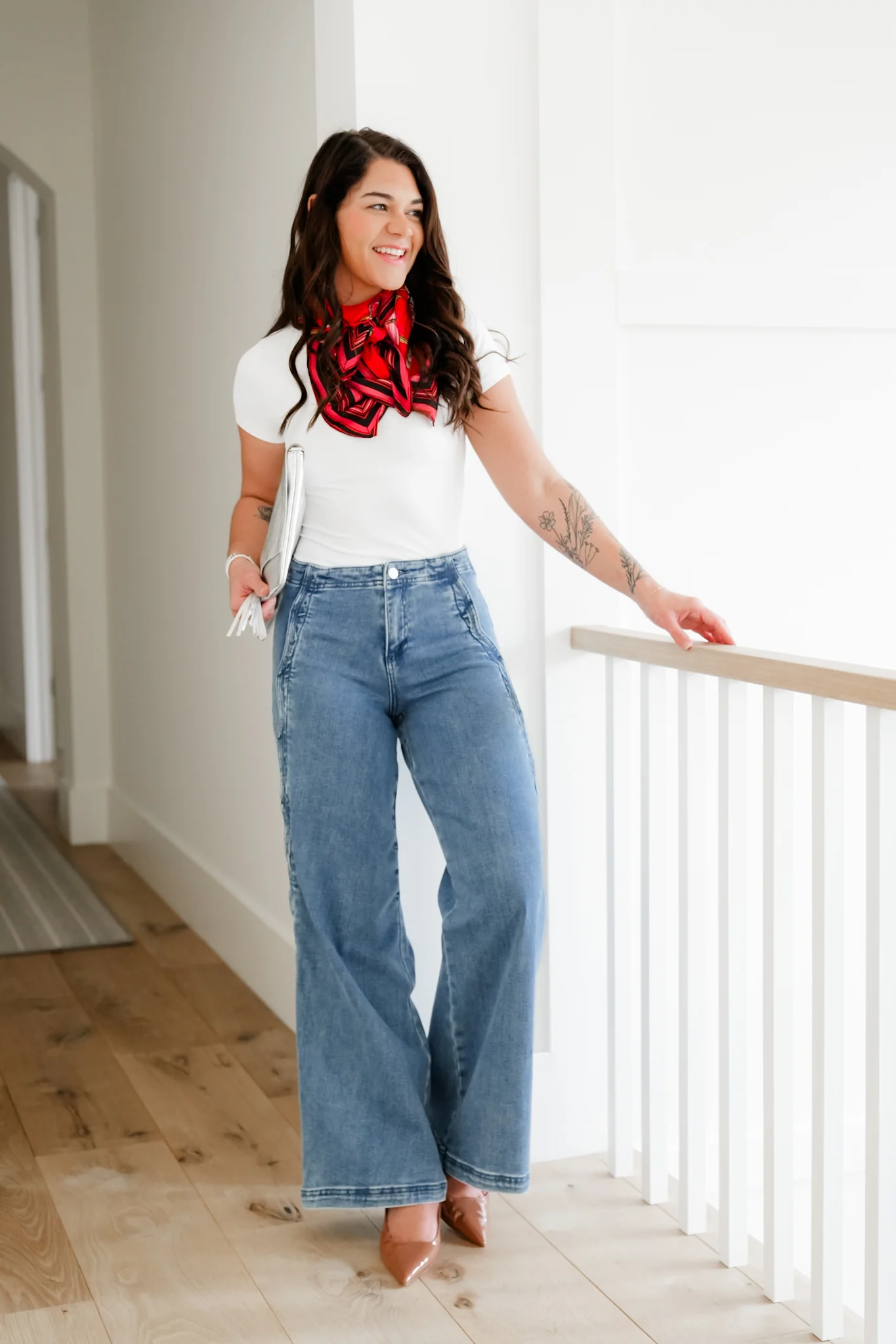 Risen High Rise Medium Wash Wide Leg Jeans with Scalloped Edge - Image 4