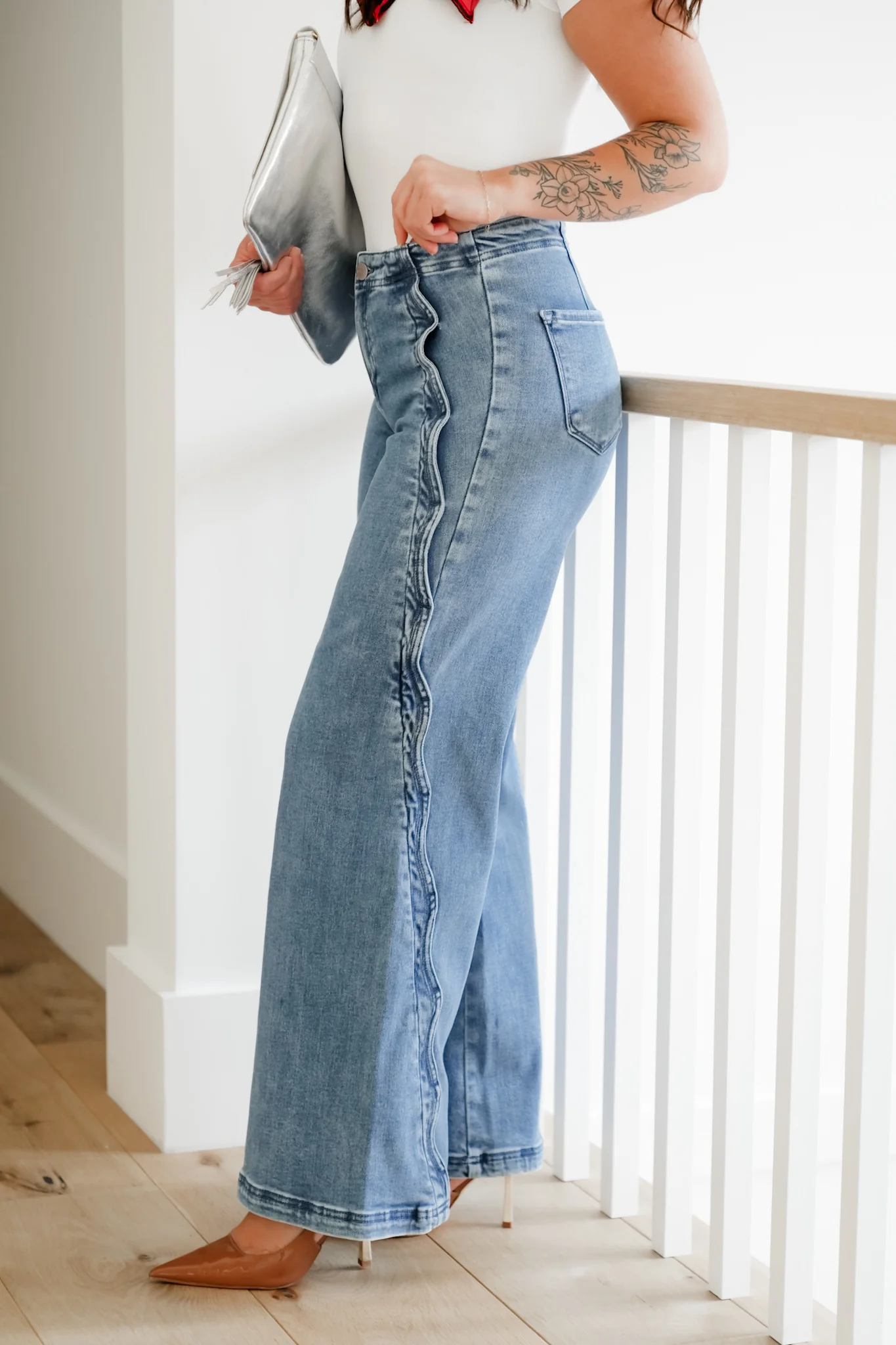 Risen High Rise Medium Wash Wide Leg Jeans with Scalloped Edge - Image 5