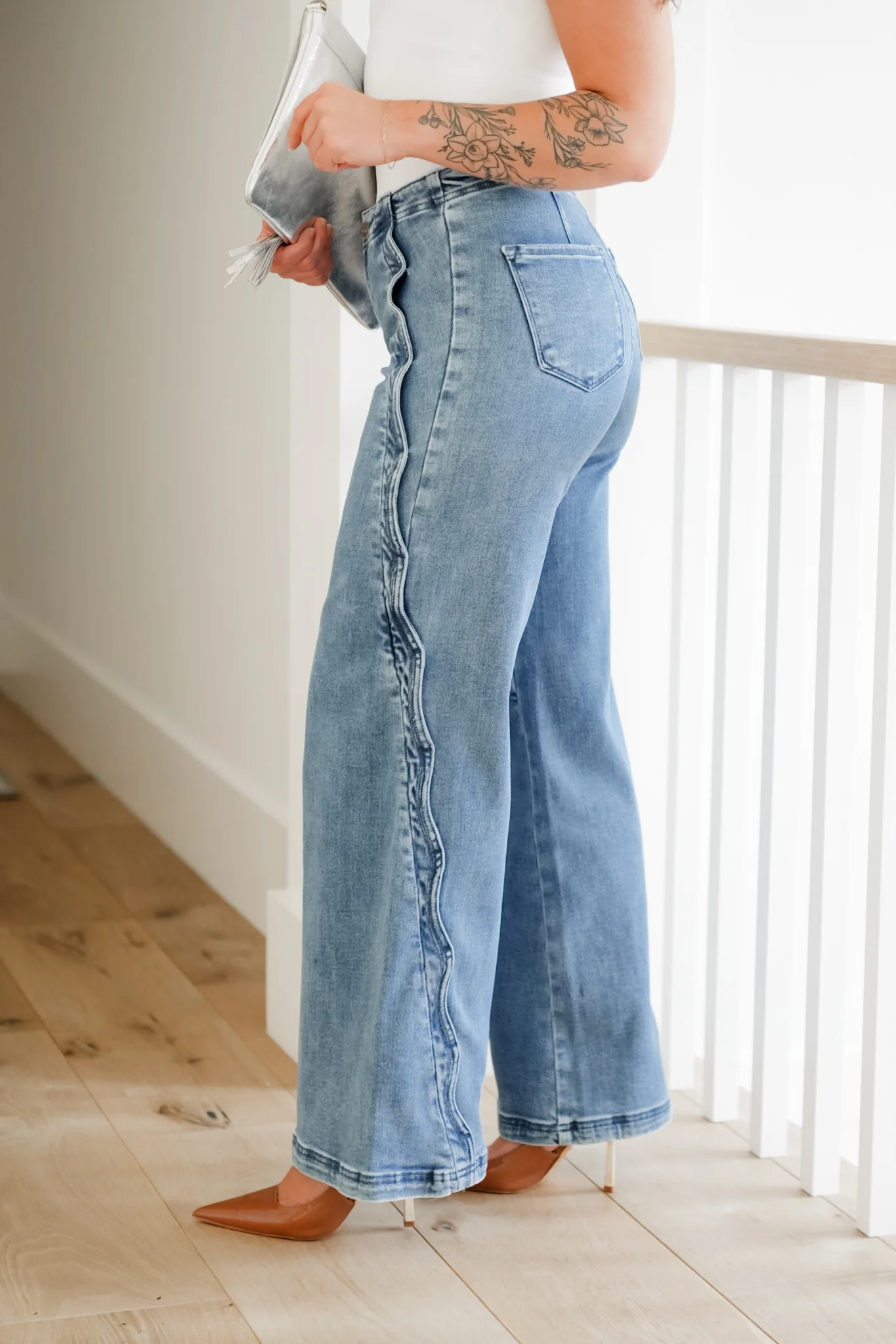 Risen High Rise Medium Wash Wide Leg Jeans with Scalloped Edge - Image 6