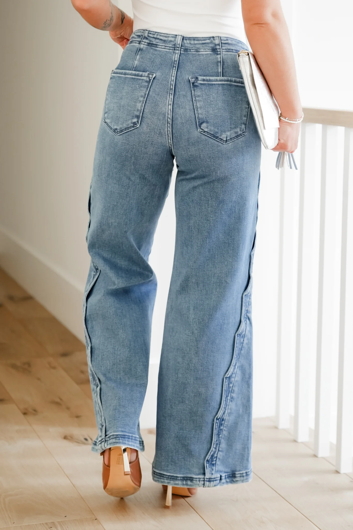 Risen High Rise Medium Wash Wide Leg Jeans with Scalloped Edge - Image 7