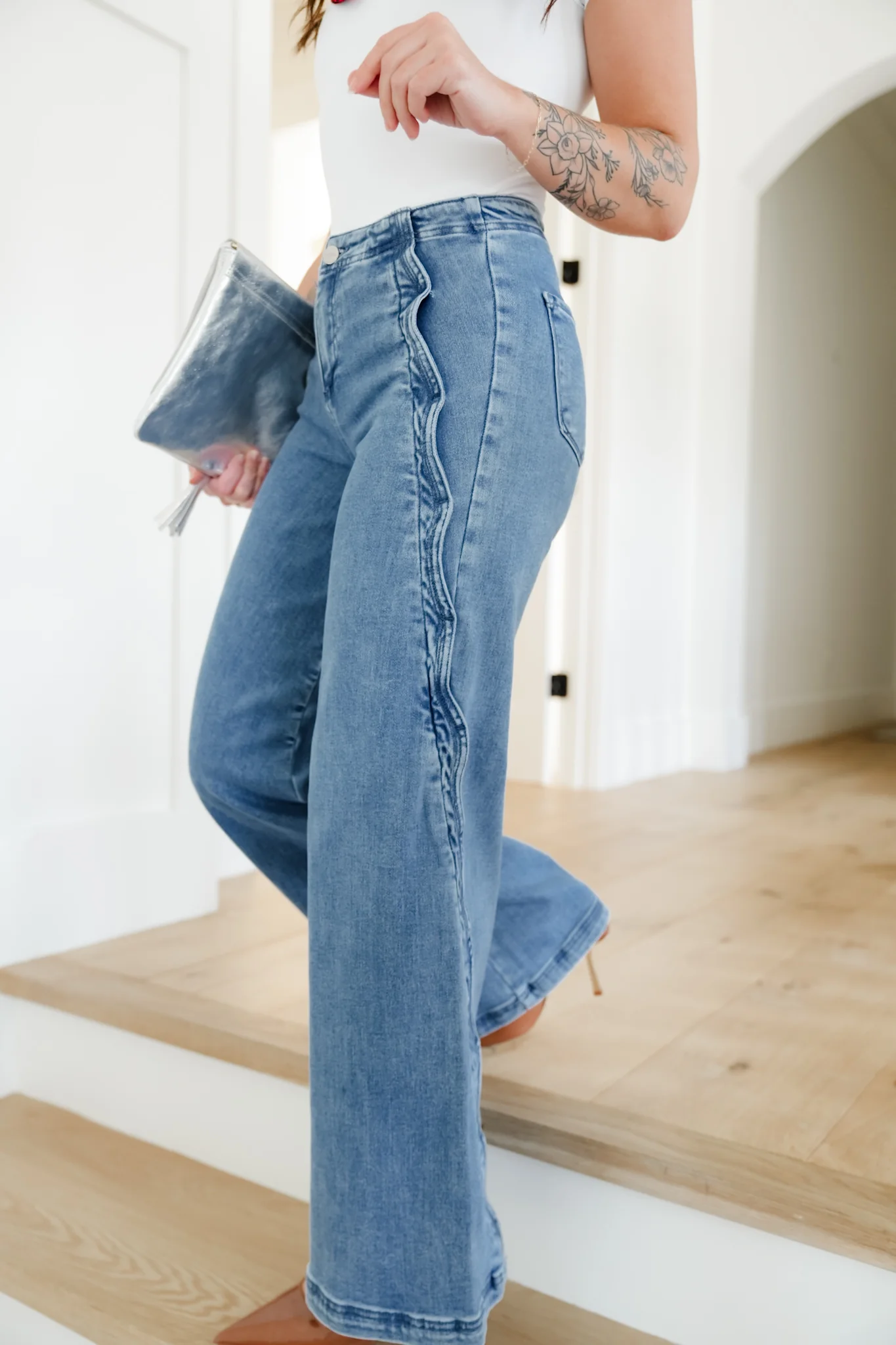 Risen High Rise Medium Wash Wide Leg Jeans with Scalloped Edge - Image 8