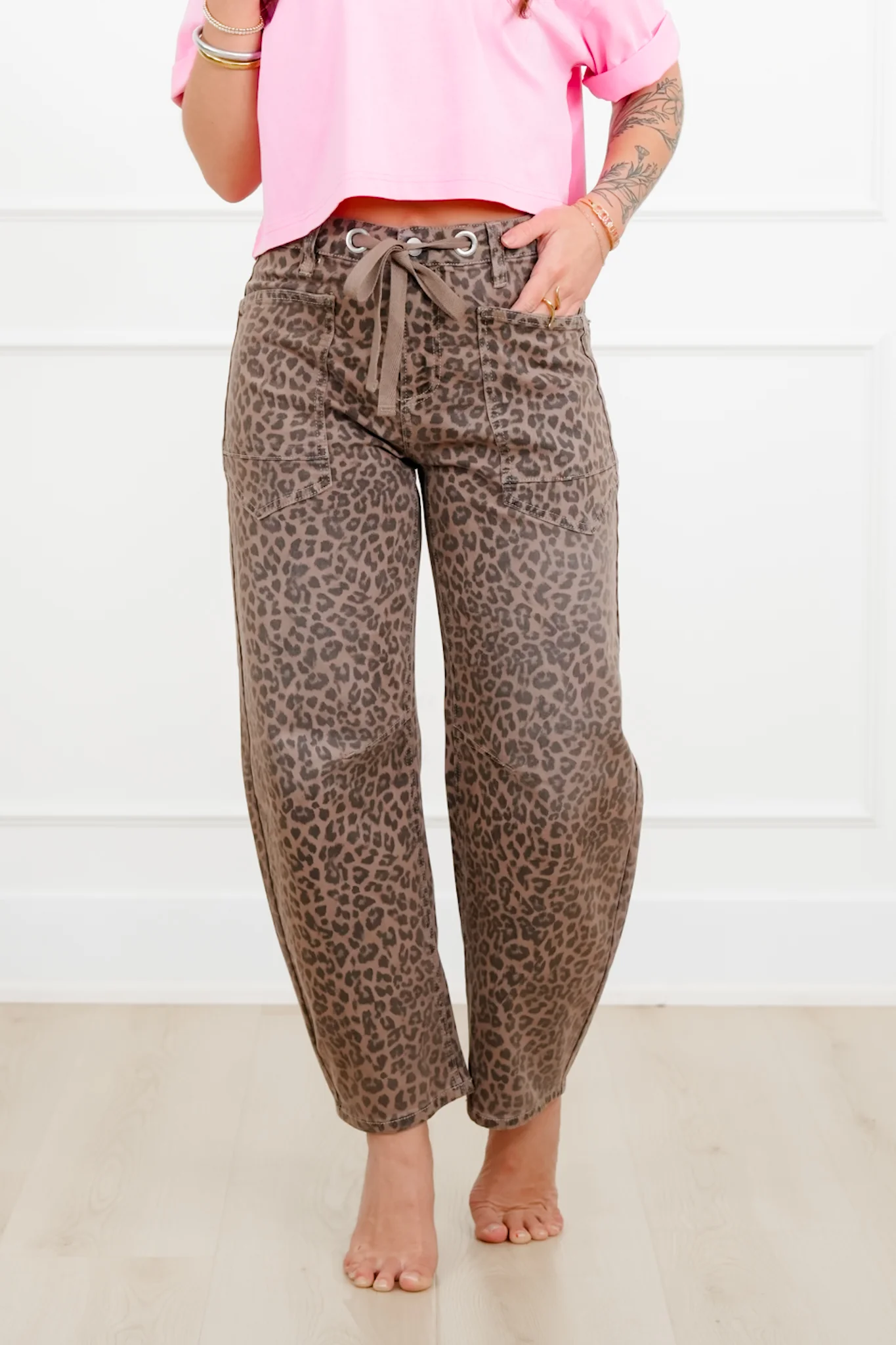 Risen Leopard Slouchy Drawstring Waistband Barrel Jeans - Image 3