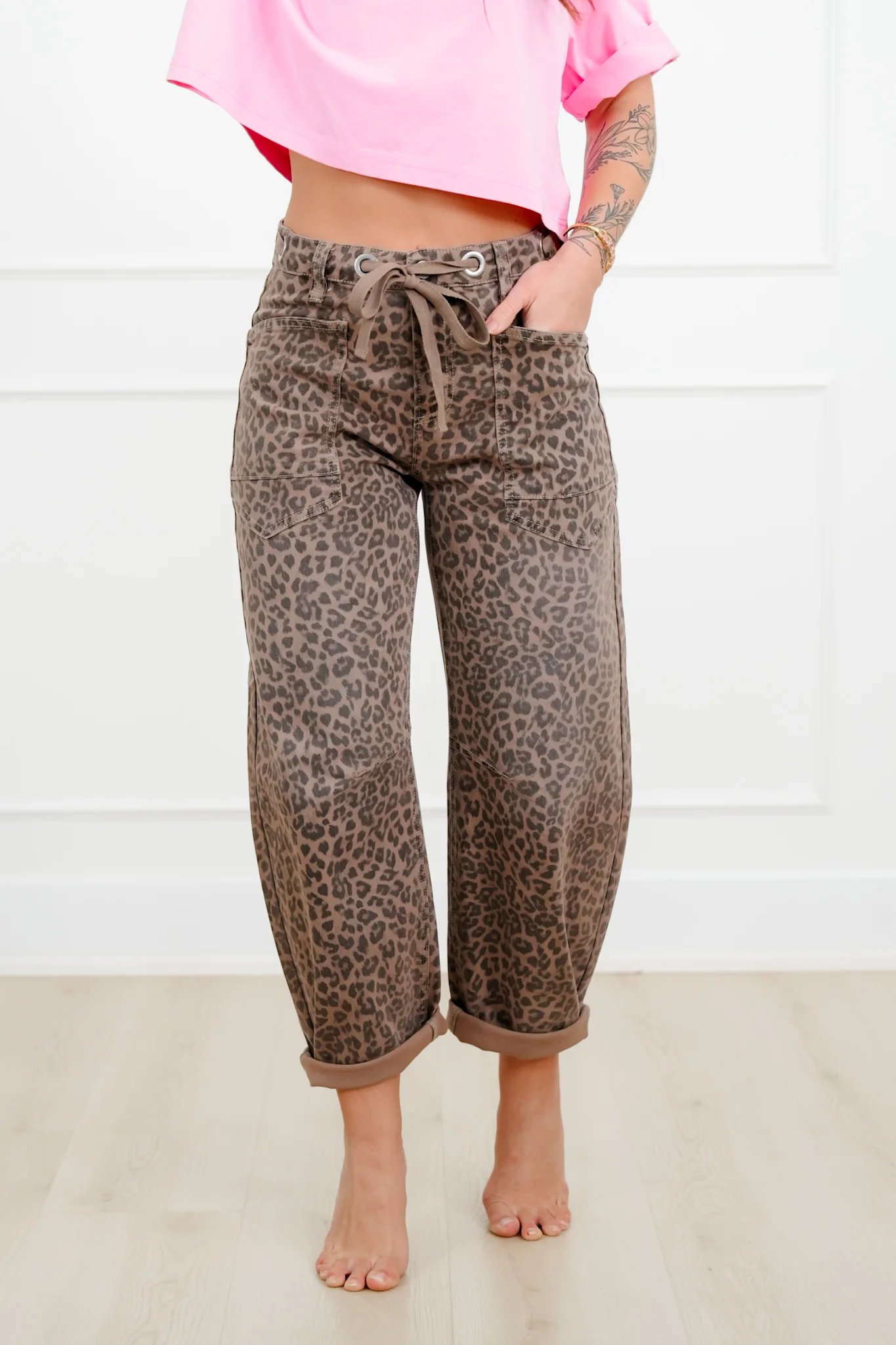 Risen Leopard Slouchy Drawstring Waistband Barrel Jeans - Image 5
