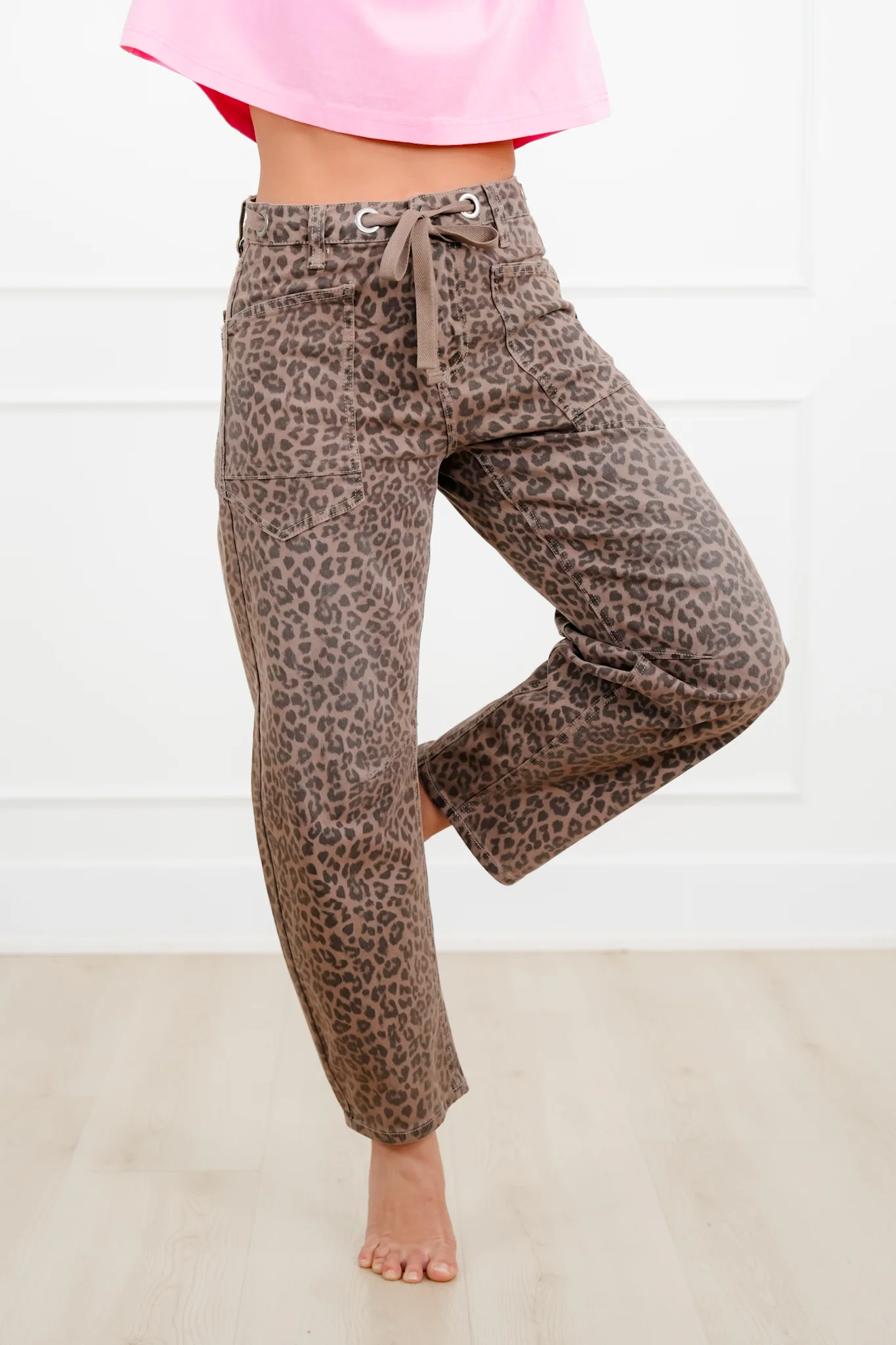 Risen Leopard Slouchy Drawstring Waistband Barrel Jeans - Image 6