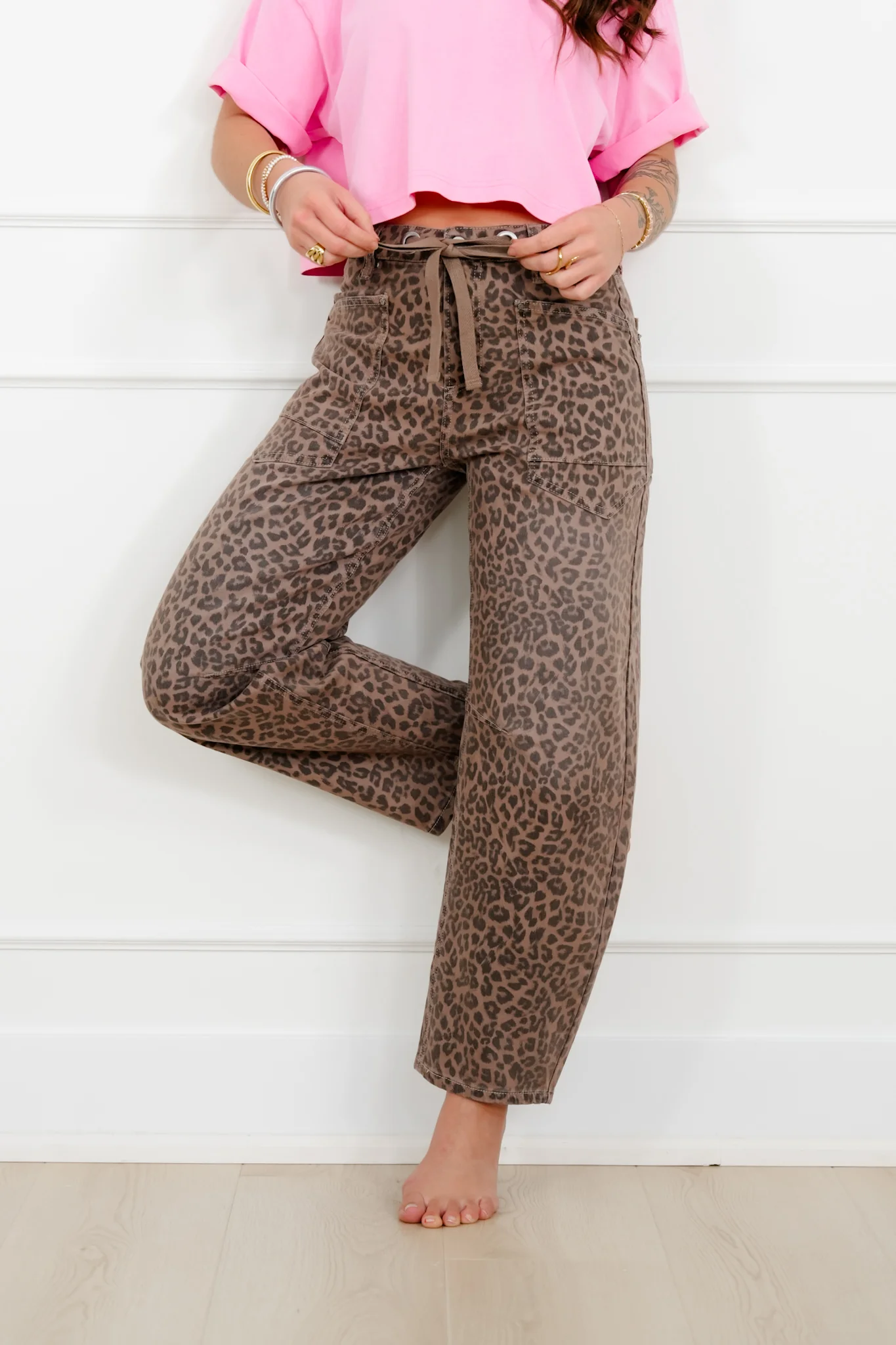 Risen Leopard Slouchy Drawstring Waistband Barrel Jeans - Image 7