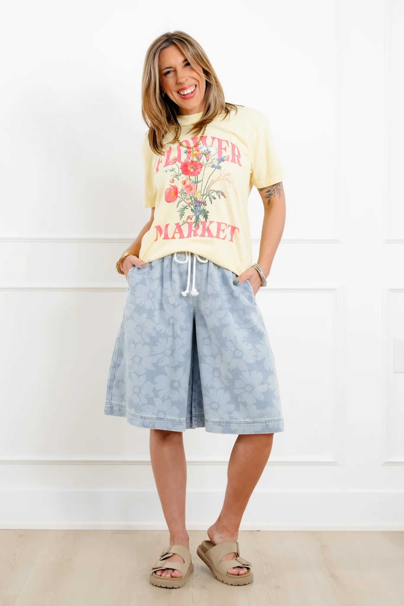 Risen Light Wash Slouchy Floral Culotte Shorts - Image 3