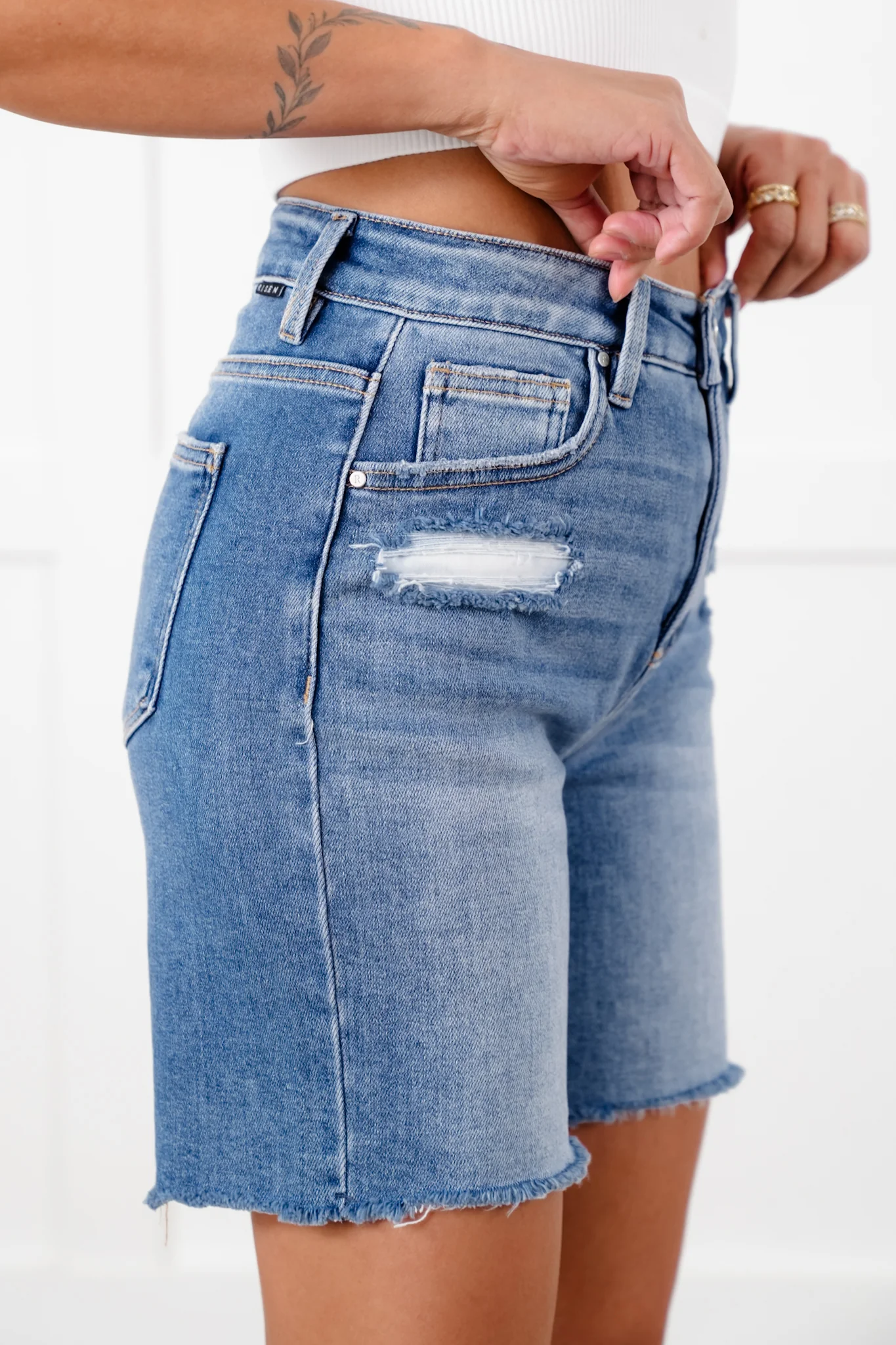 Risen Medium Wash Tummy Control Loose Fit Mid Length Shorts - Image 3
