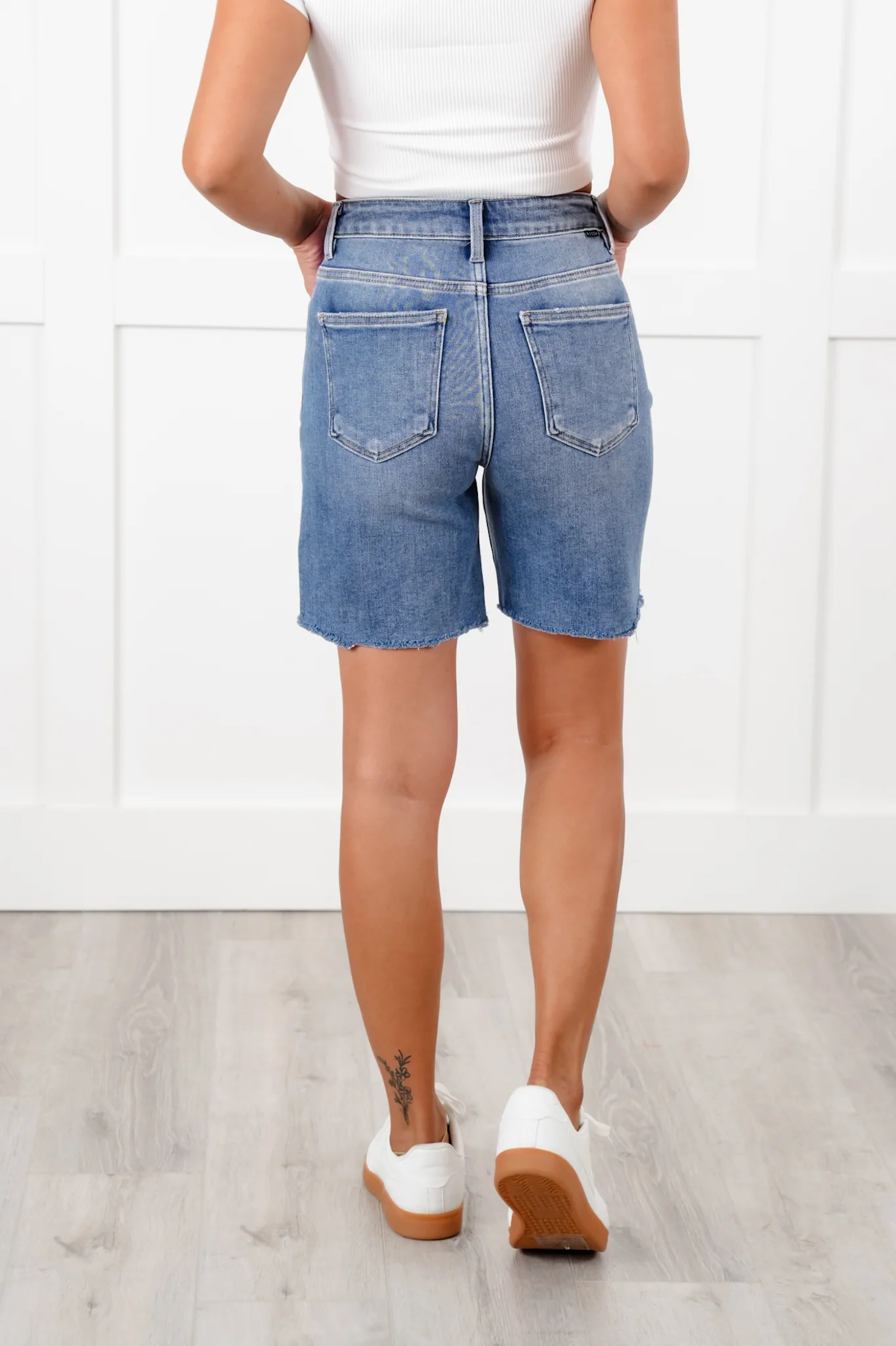 Risen Medium Wash Tummy Control Loose Fit Mid Length Shorts - Image 6