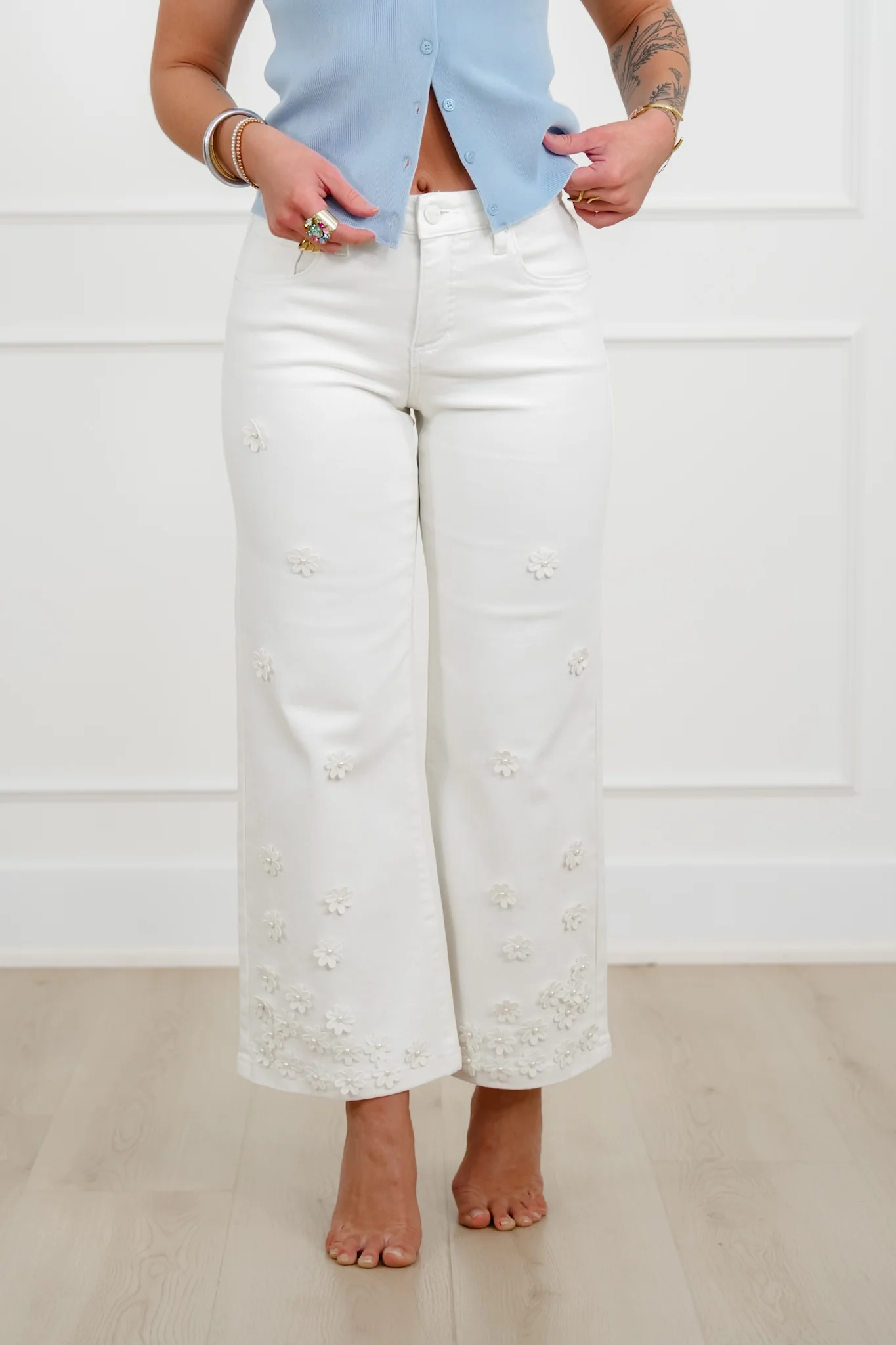 Risen Mid Rise Cream Tummy Control Wide Leg Jeans with Flowers - Image 5