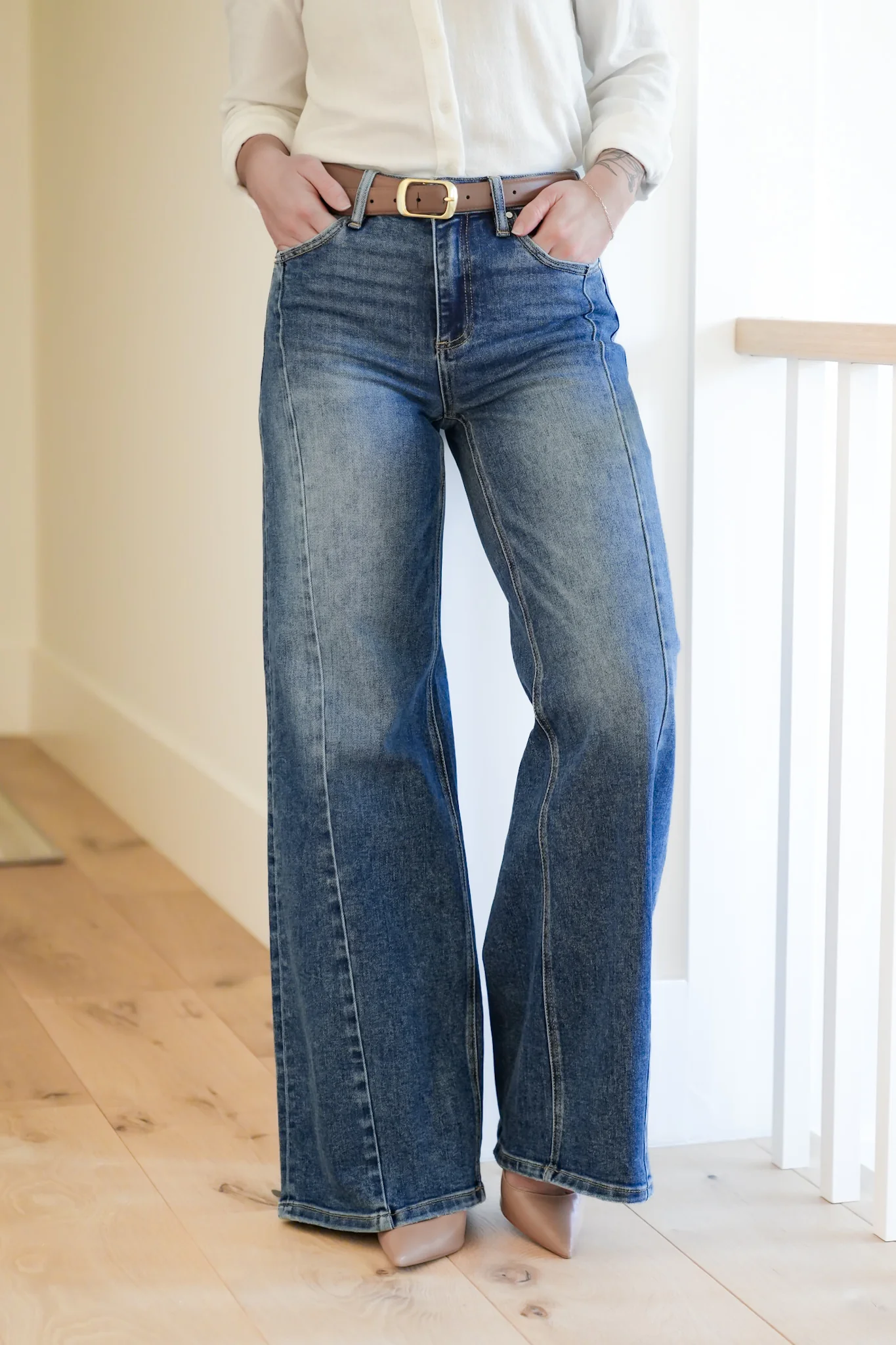 Risen Multi Inseam Dark Wash Wide Leg Seam Front Jeans - Image 4