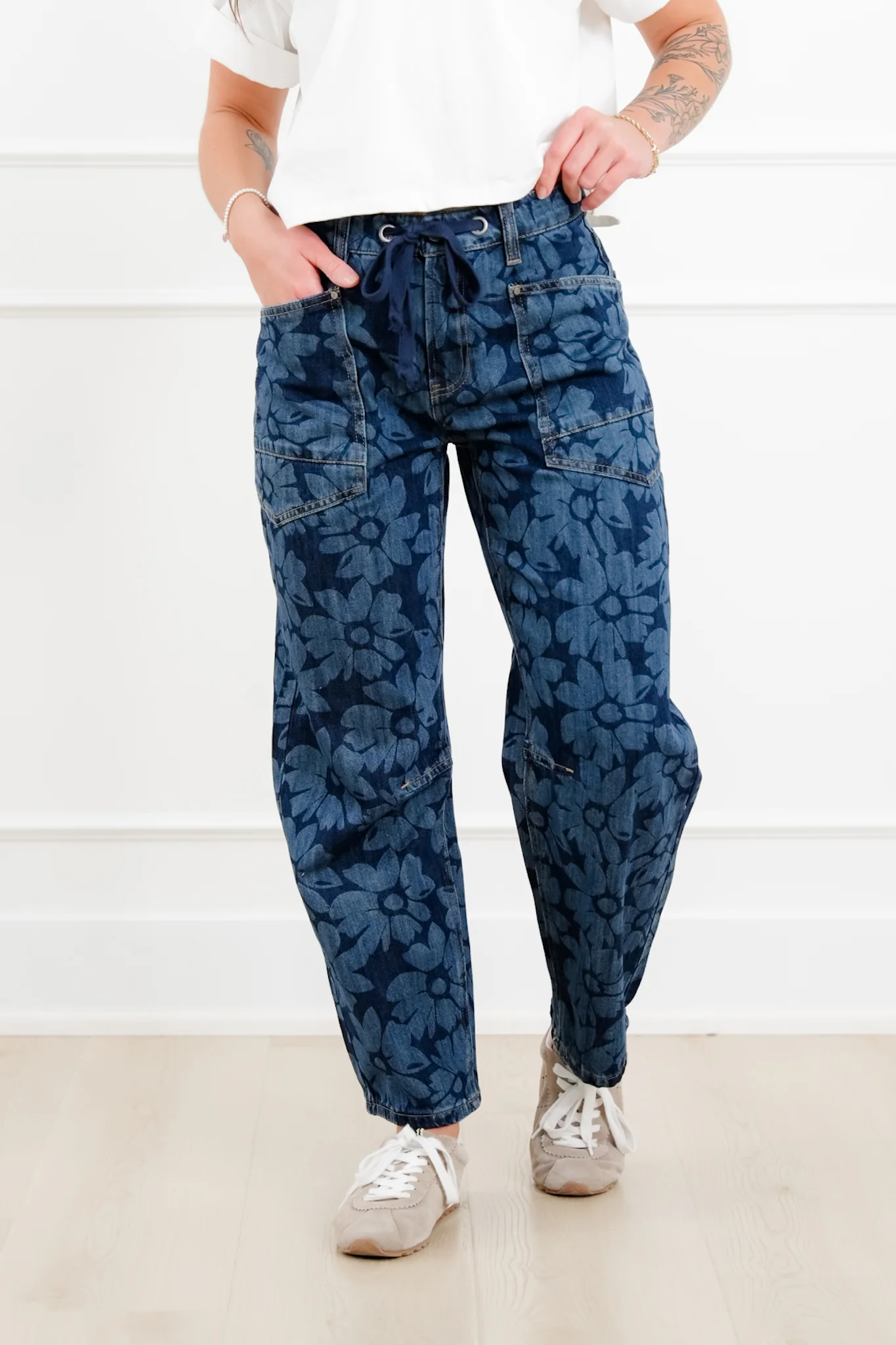 Risen Mid Rise Dark Wash Floral Relaxed Barrel Jeans - Image 4