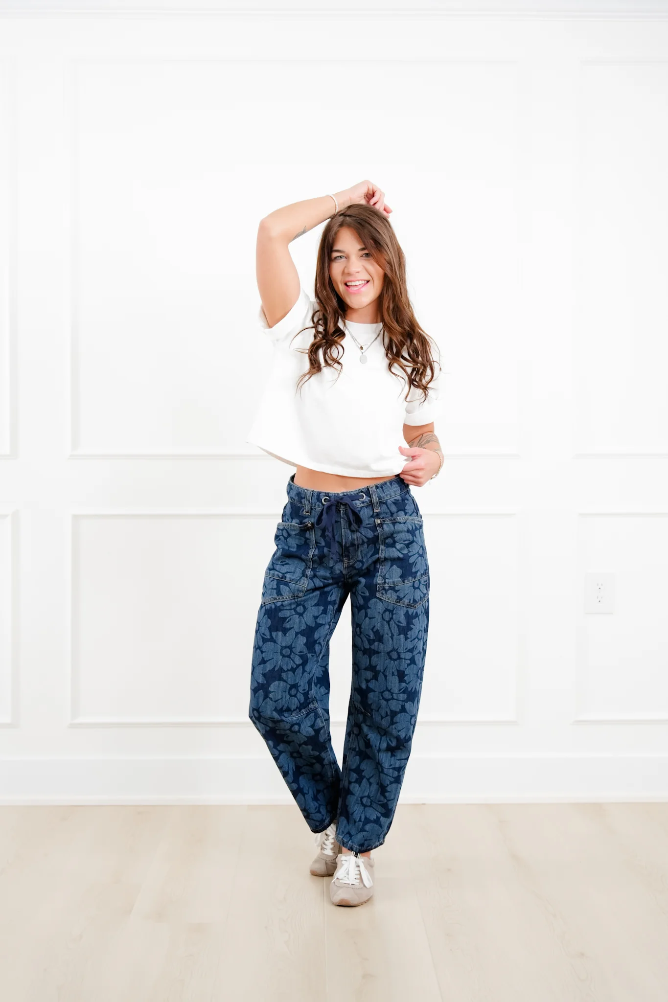 Risen Mid Rise Dark Wash Floral Relaxed Barrel Jeans - Image 5