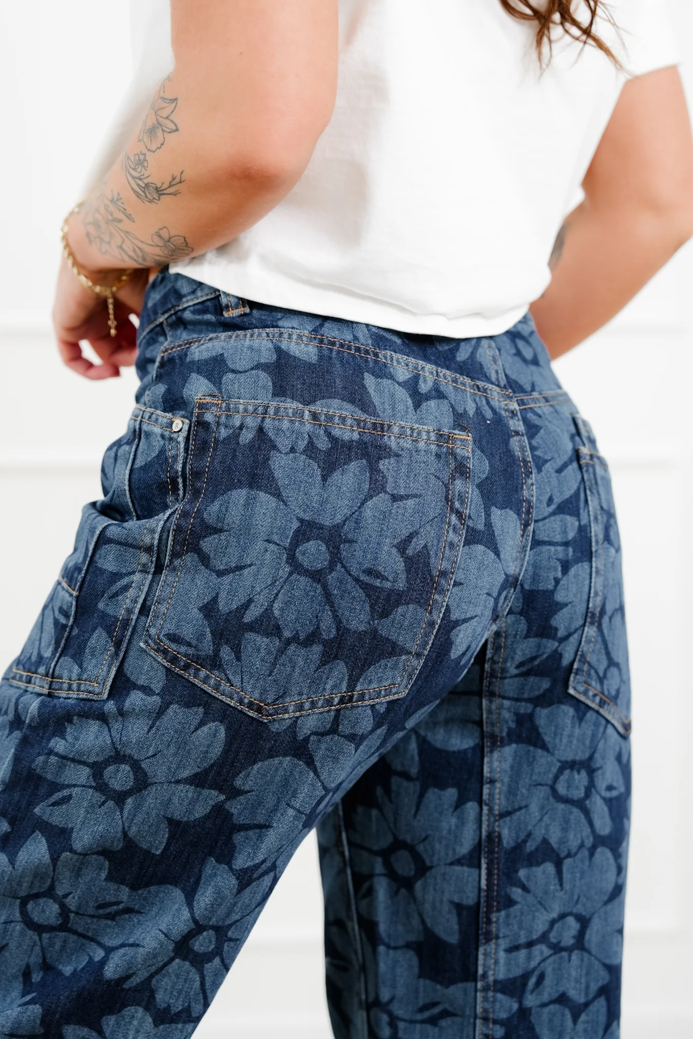 Risen Mid Rise Dark Wash Floral Relaxed Barrel Jeans - Image 6
