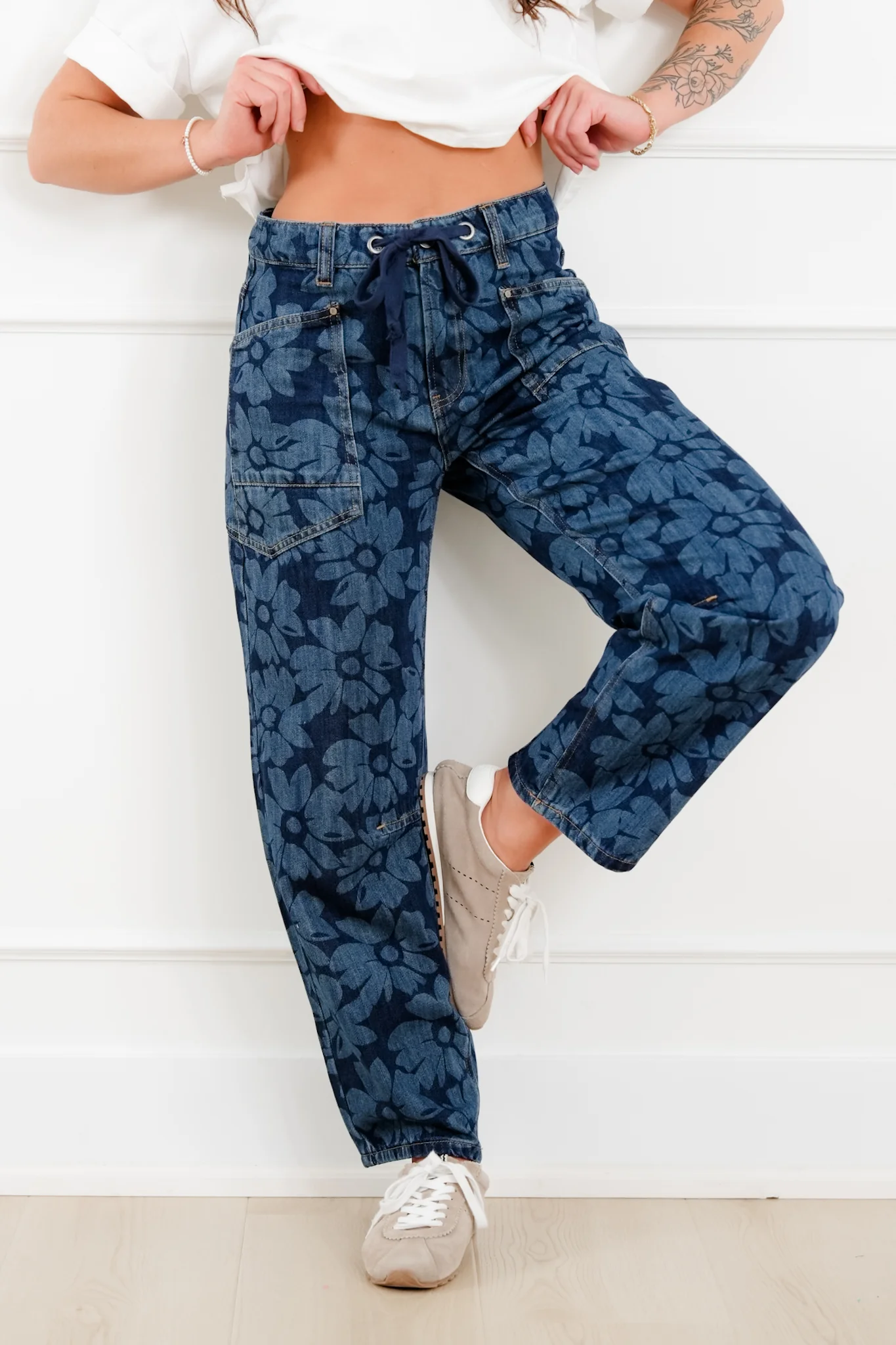 Risen Mid Rise Dark Wash Floral Relaxed Barrel Jeans - Image 7