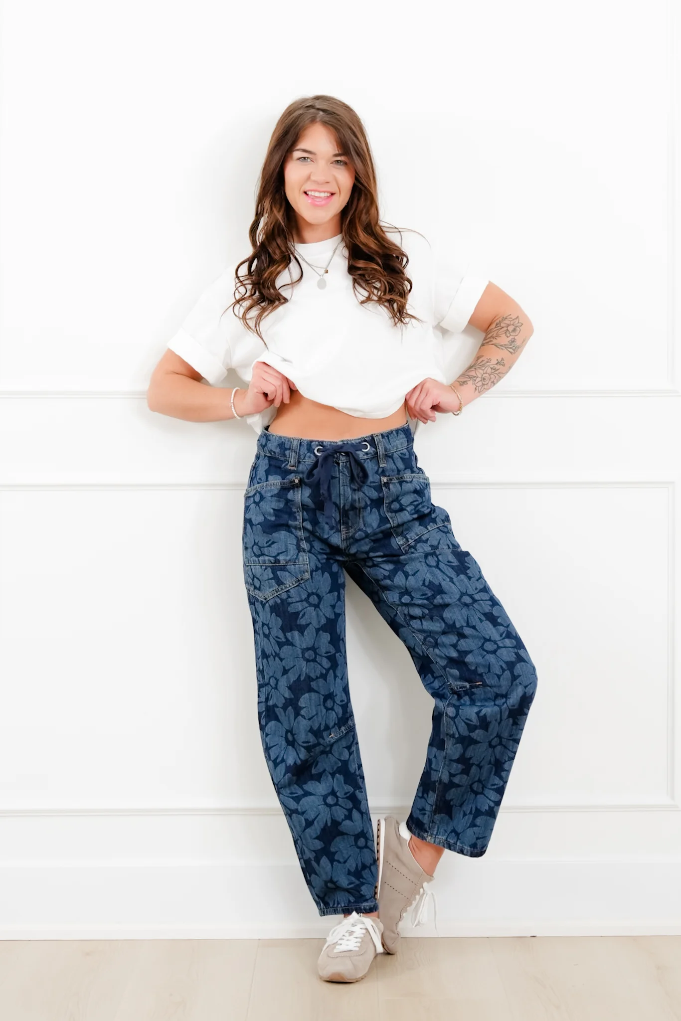 Risen Mid Rise Dark Wash Floral Relaxed Barrel Jeans - Image 8