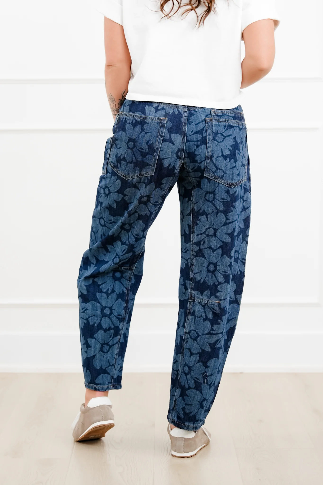 Risen Mid Rise Dark Wash Floral Relaxed Barrel Jeans - Image 9