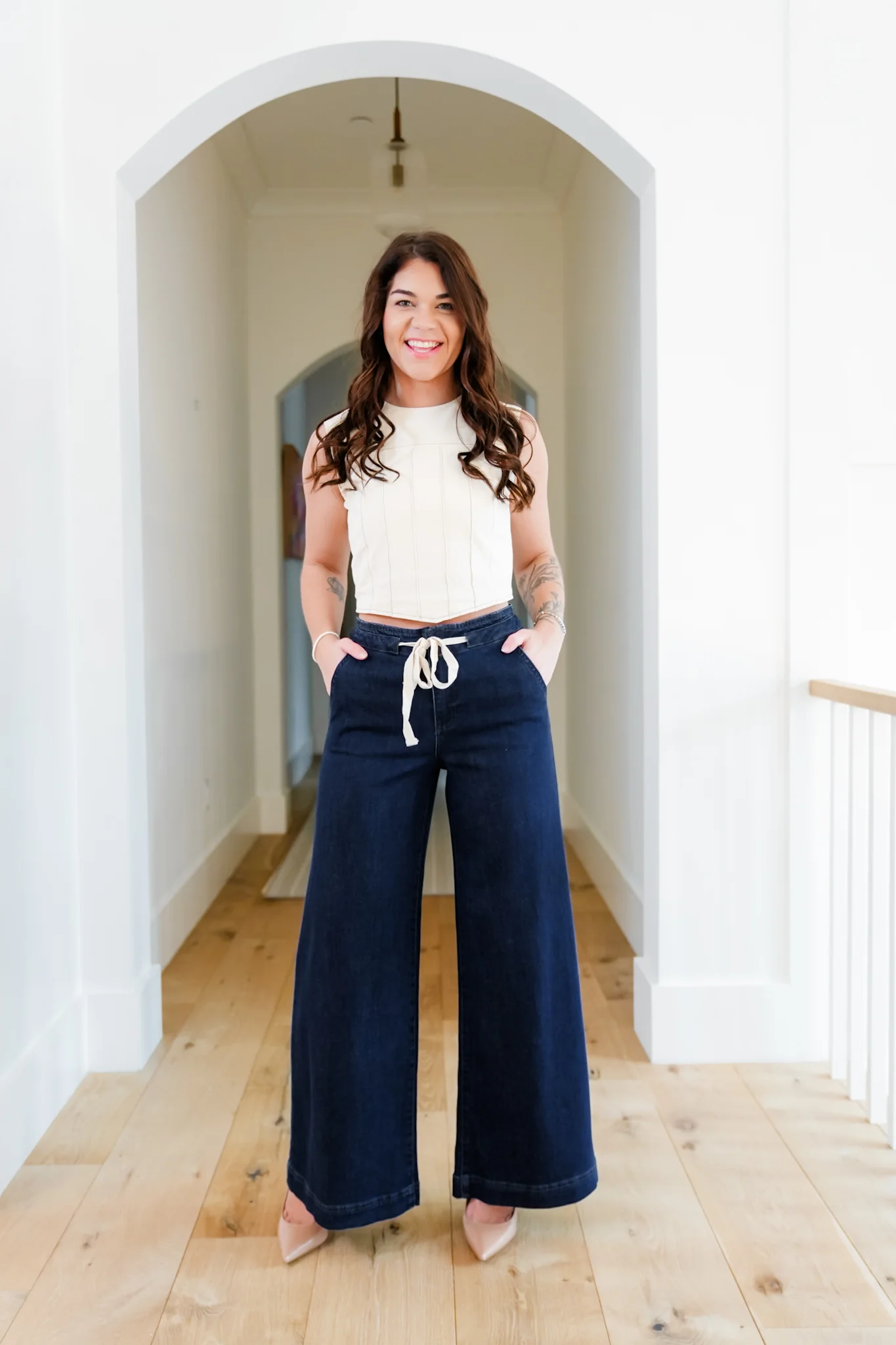 Risen Mid Rise Dark Wash Wide Leg Pants with Tie Waistband - Image 10