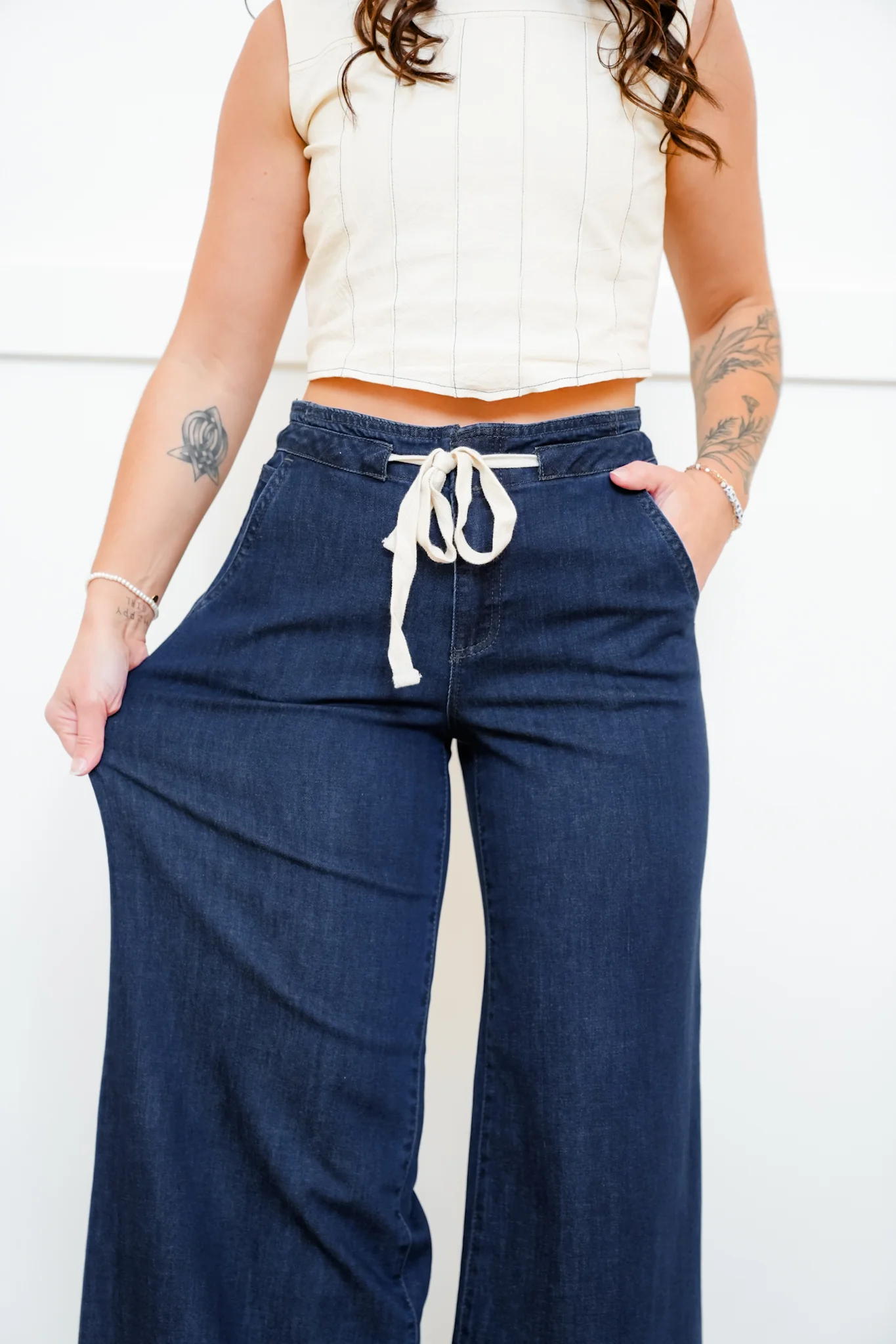 Risen Mid Rise Dark Wash Wide Leg Pants with Tie Waistband - Image 3