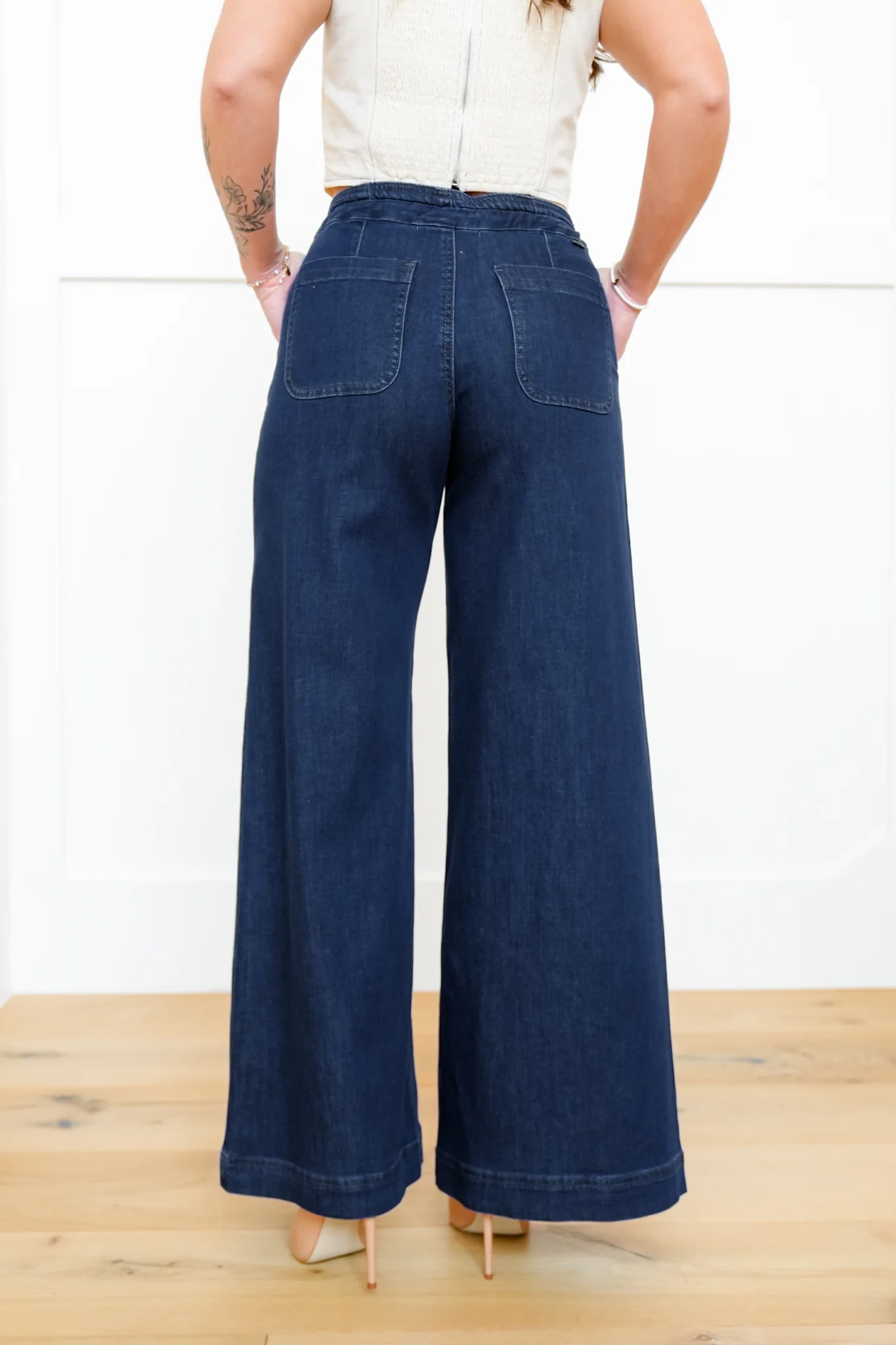 Risen Mid Rise Dark Wash Wide Leg Pants with Tie Waistband - Image 5