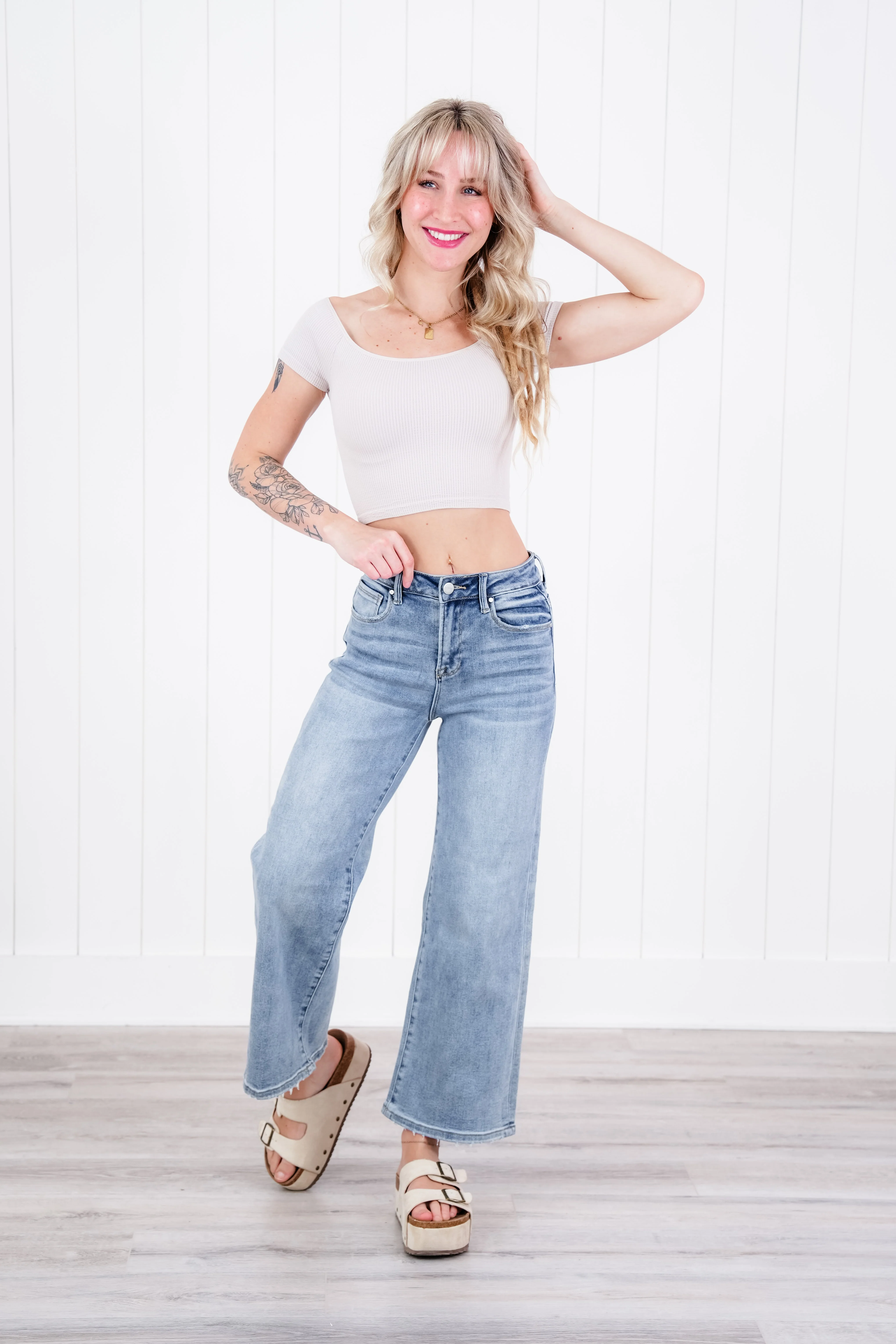 Risen Secret Sauce High Rise Medium Wash Cropped Wide Leg Jeans - Image 3