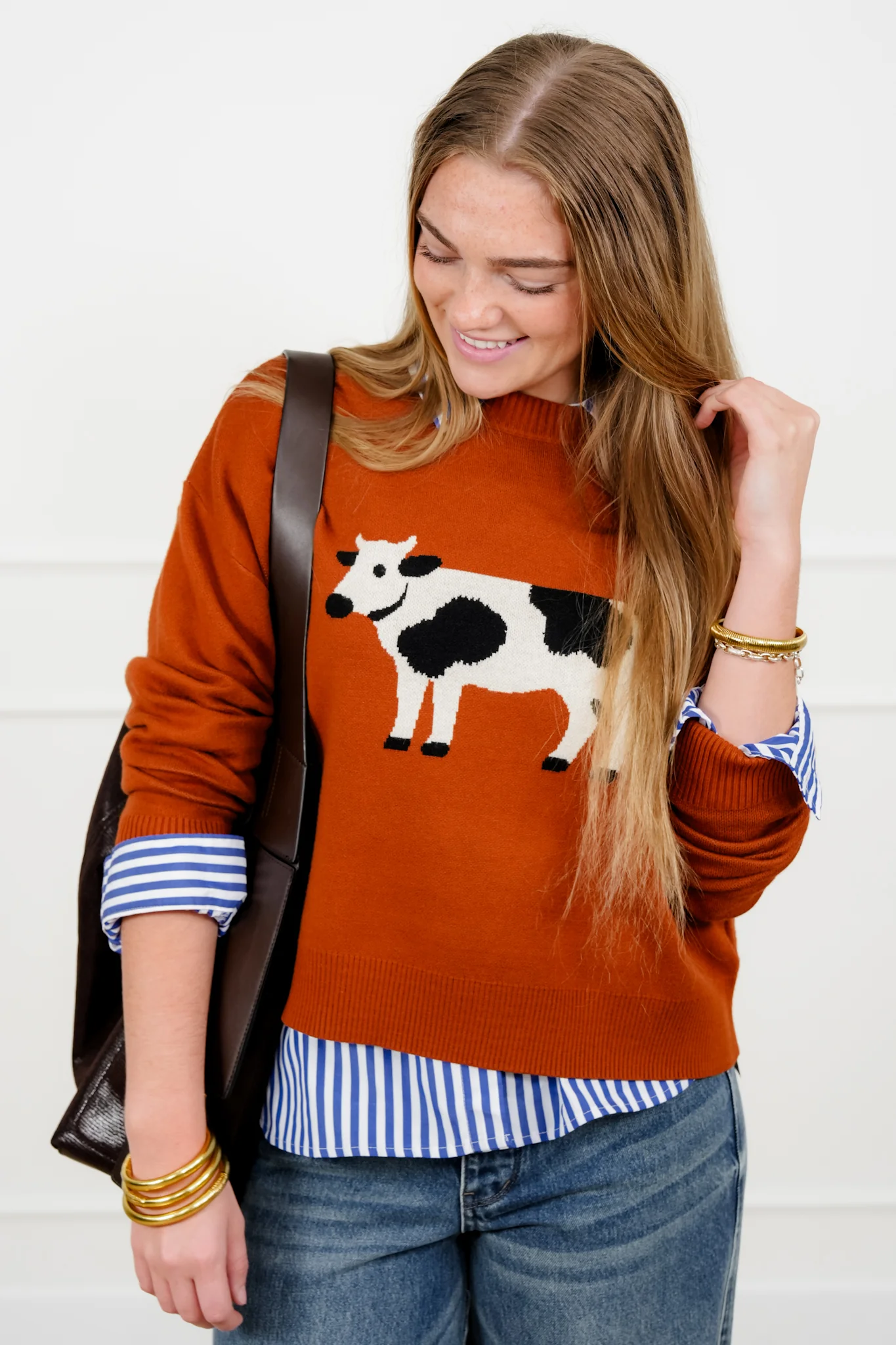 Rust Knit Long Sleeve Cow Pullover Sweater - Image 2