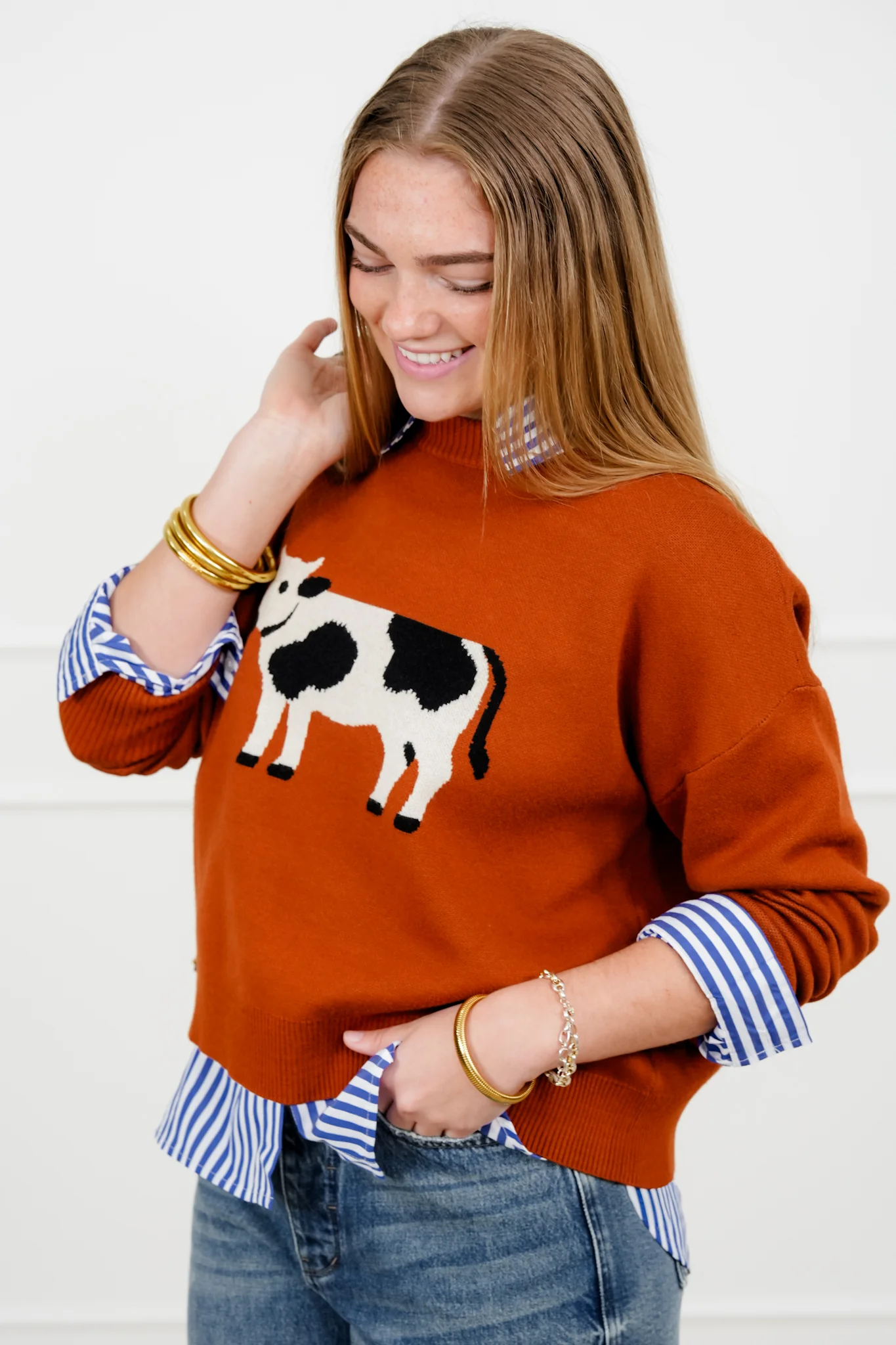 Rust Knit Long Sleeve Cow Pullover Sweater - Image 3