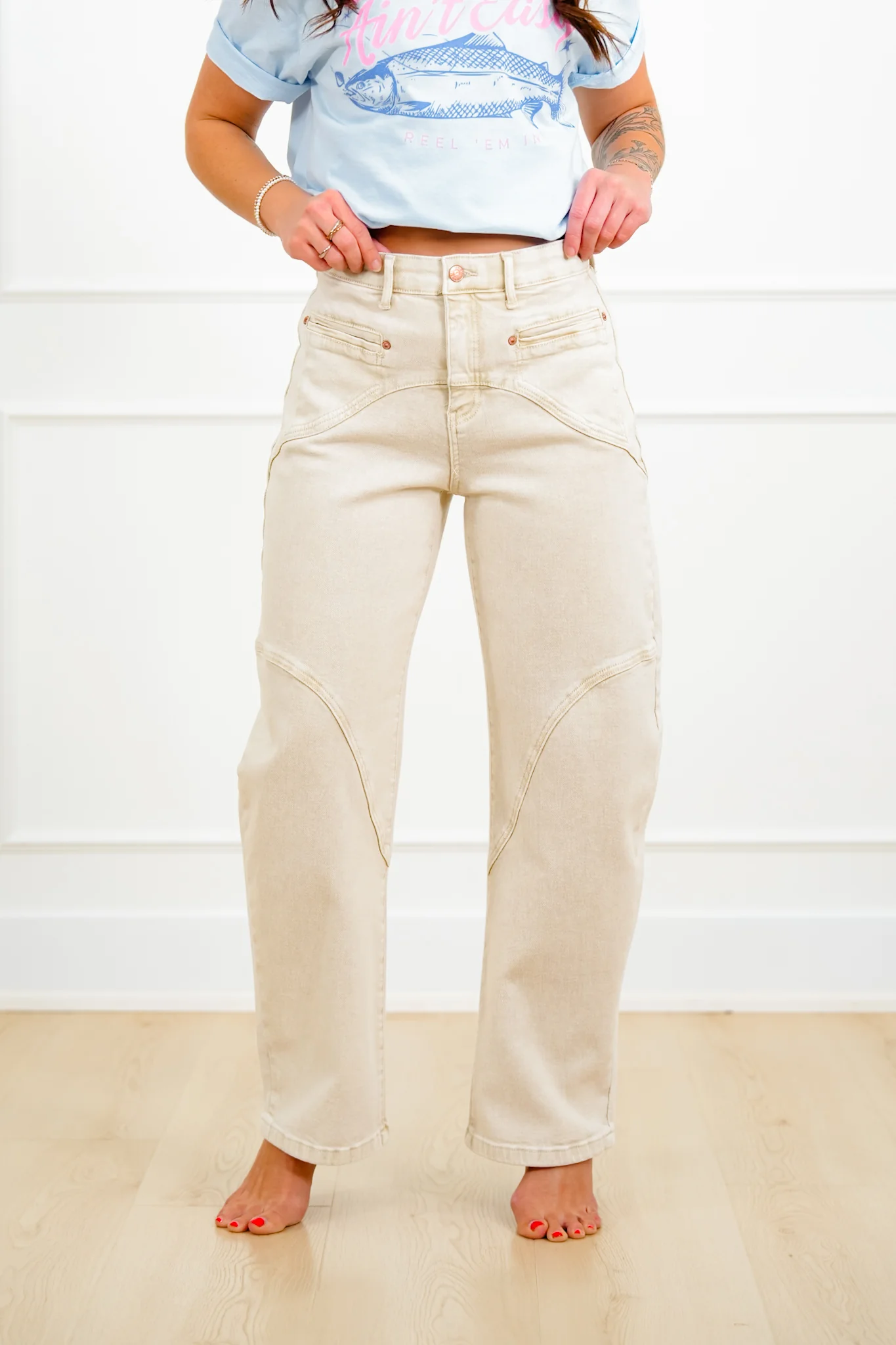 Saige High Rise Beige Tummy Control Barrel Jeans with Elastic Waistband - Image 3