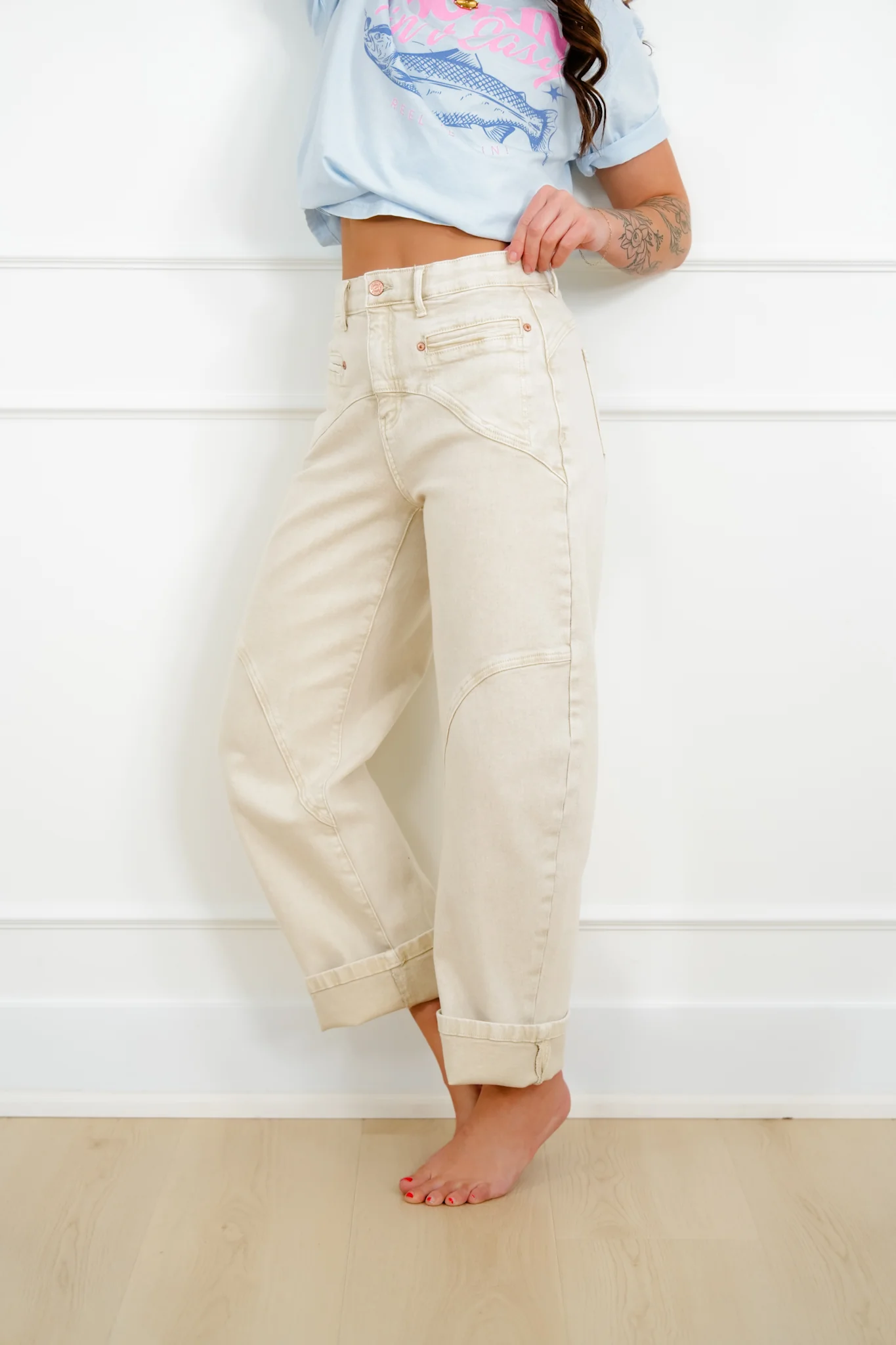 Saige High Rise Beige Tummy Control Barrel Jeans with Elastic Waistband - Image 7