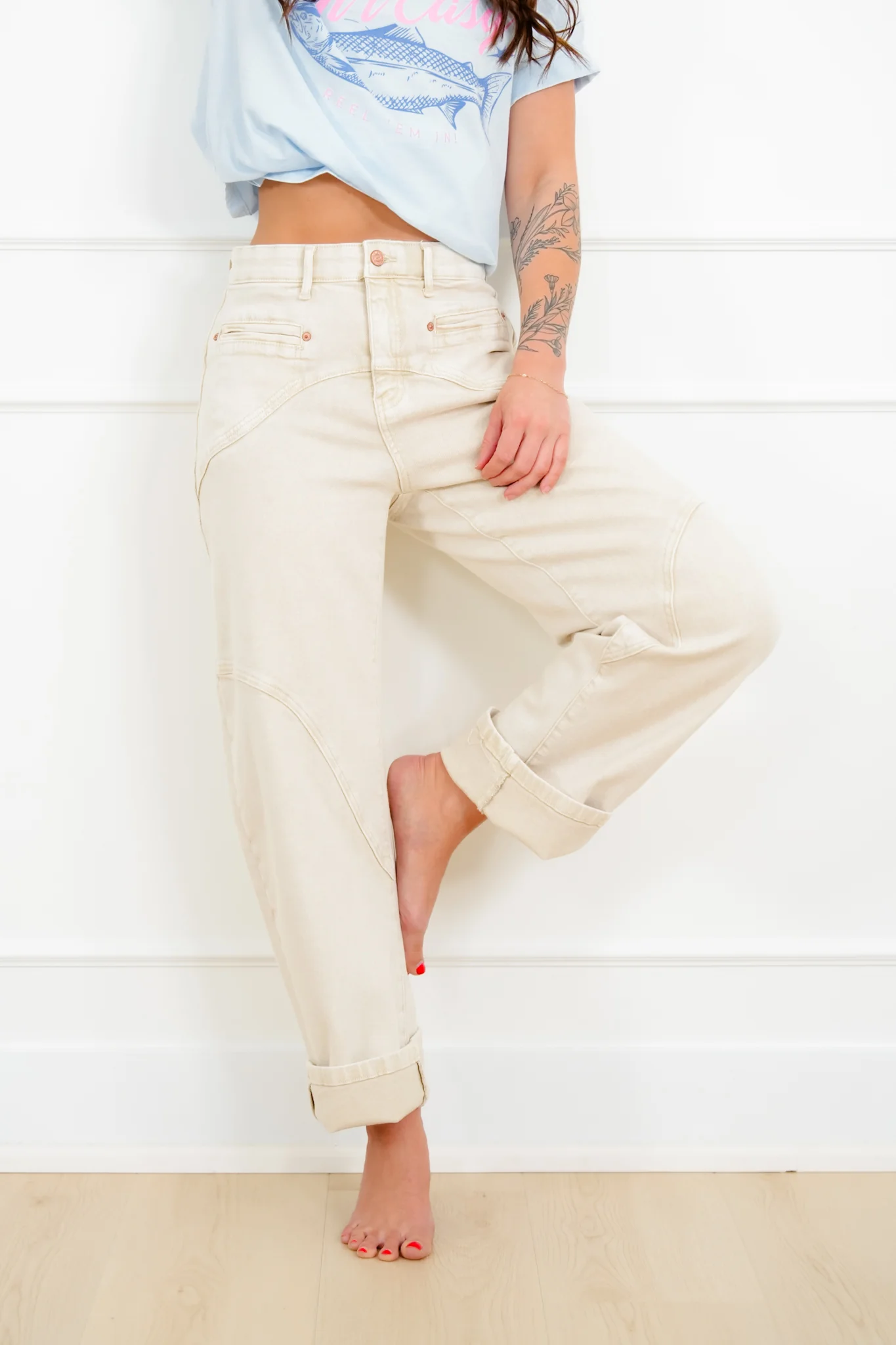 Saige High Rise Beige Tummy Control Barrel Jeans with Elastic Waistband - Image 9