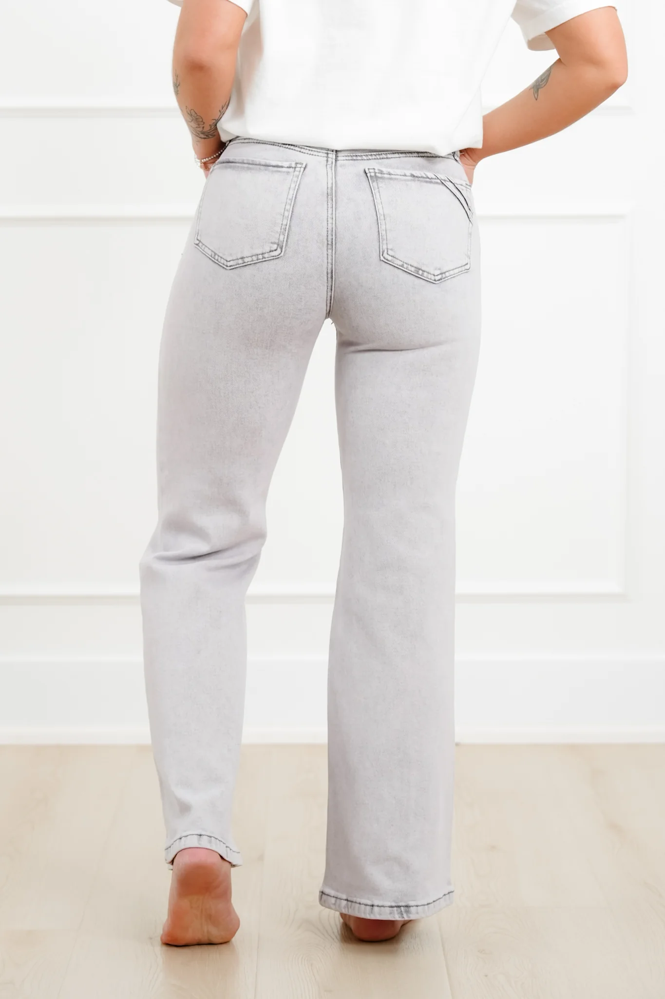 Saige High Rise Grey Acid Wash Tummy Control Wide Leg Jeans - Image 2