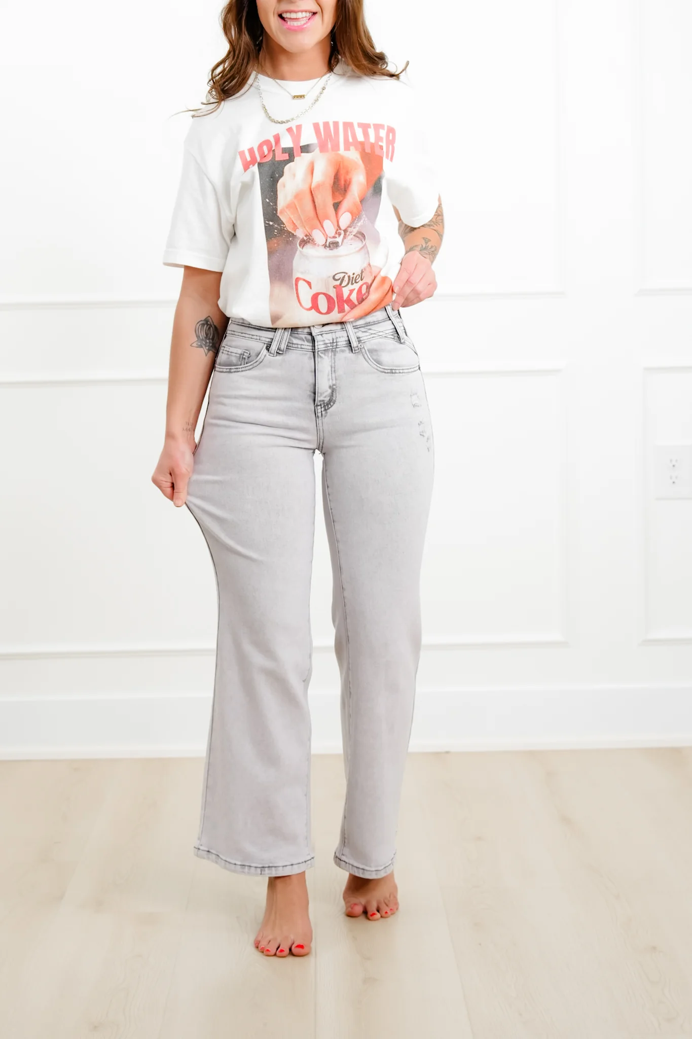 Saige High Rise Grey Acid Wash Tummy Control Wide Leg Jeans - Image 5