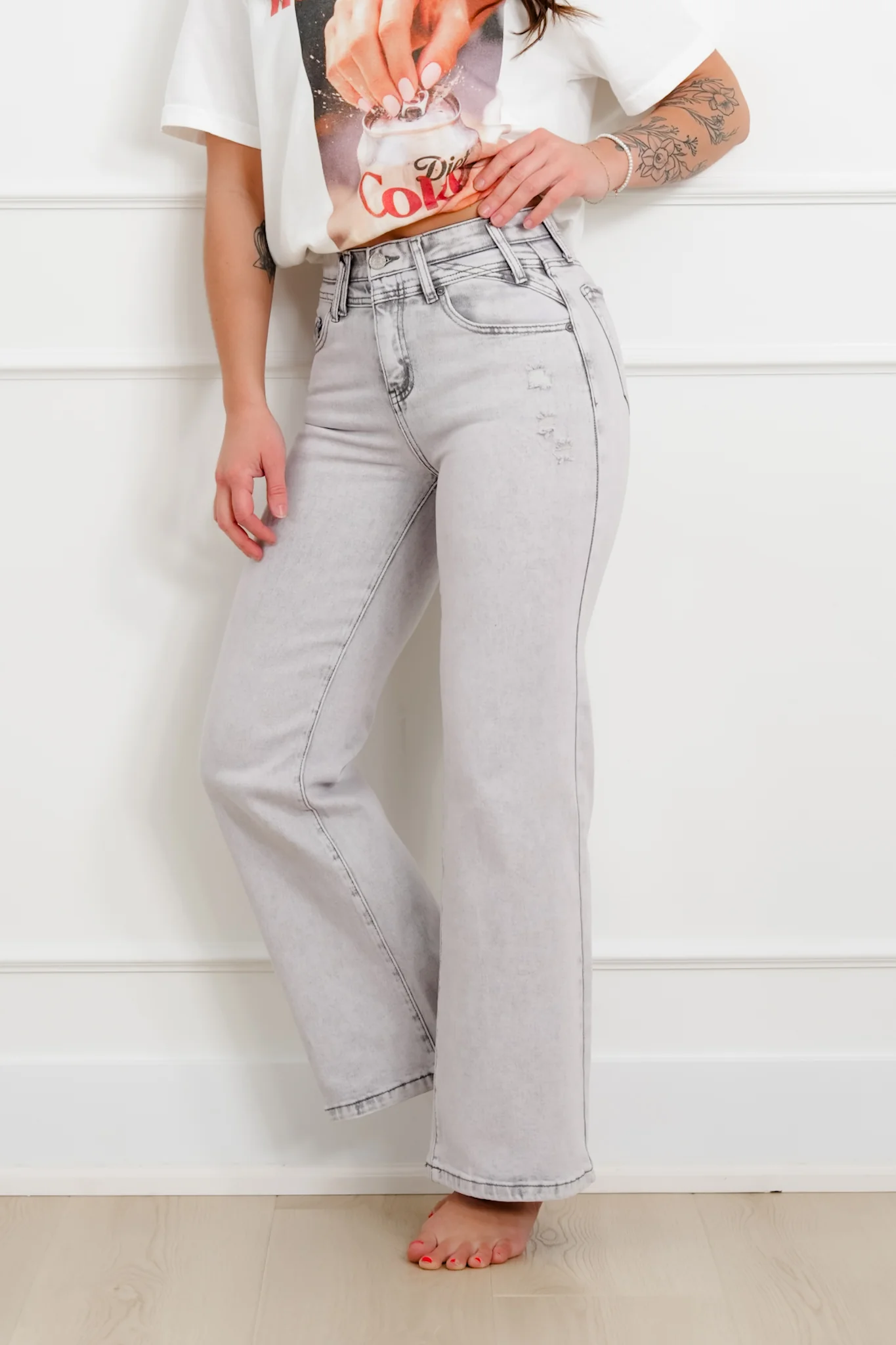 Saige High Rise Grey Acid Wash Tummy Control Wide Leg Jeans - Image 7