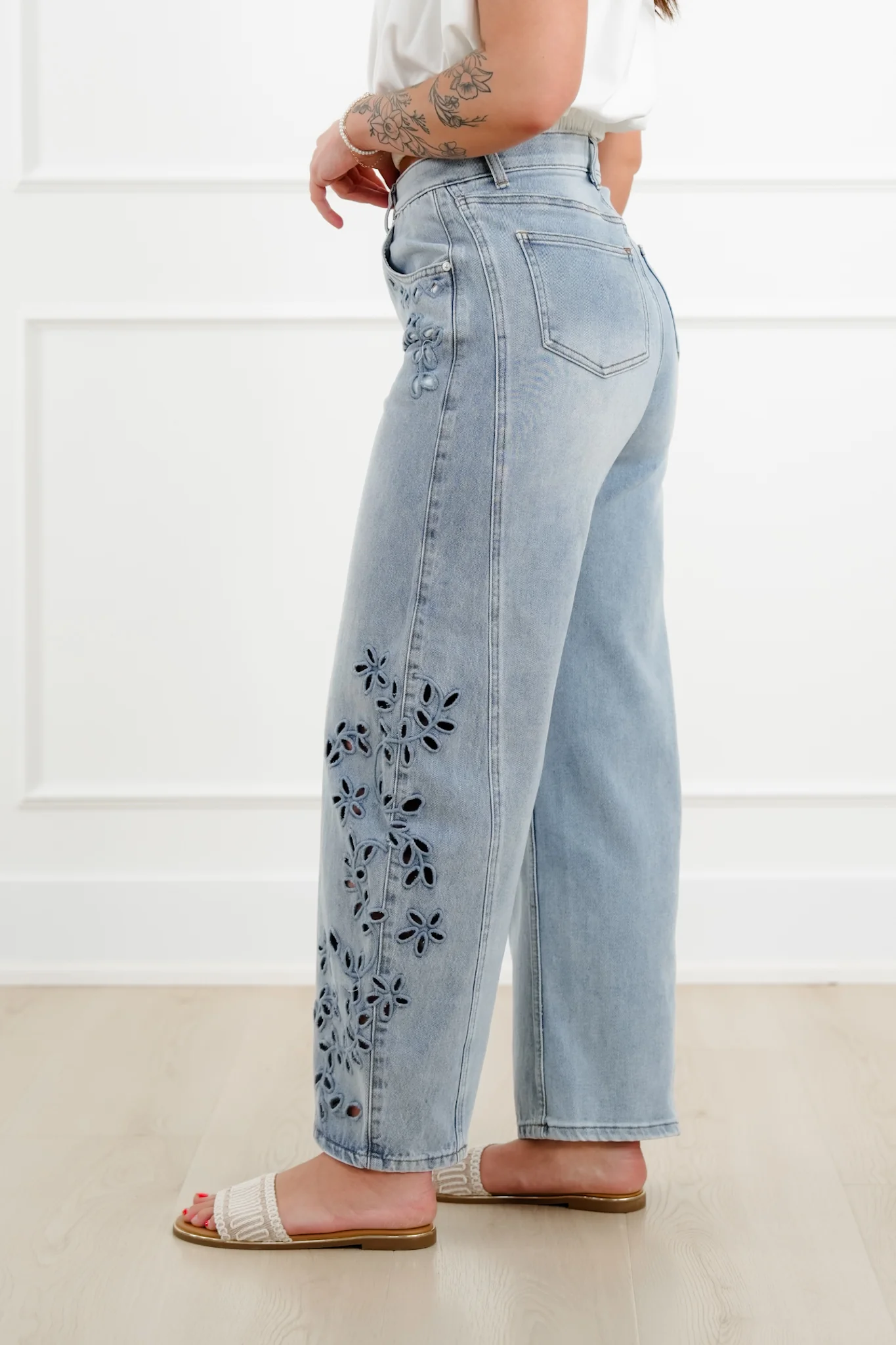 Saige High Rise Light Wash Tummy Control Barrel Jeans with Embroidery - Image 8
